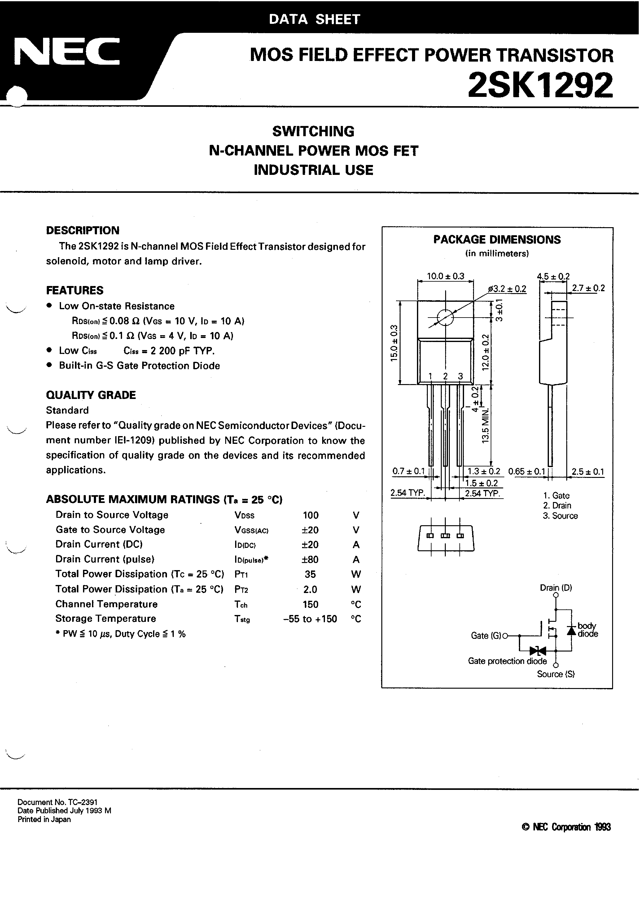 Datasheet 2SK1292 - SWITCHING N-CHANNEL POWER MOS FET INDUSTRIAL USE page 1