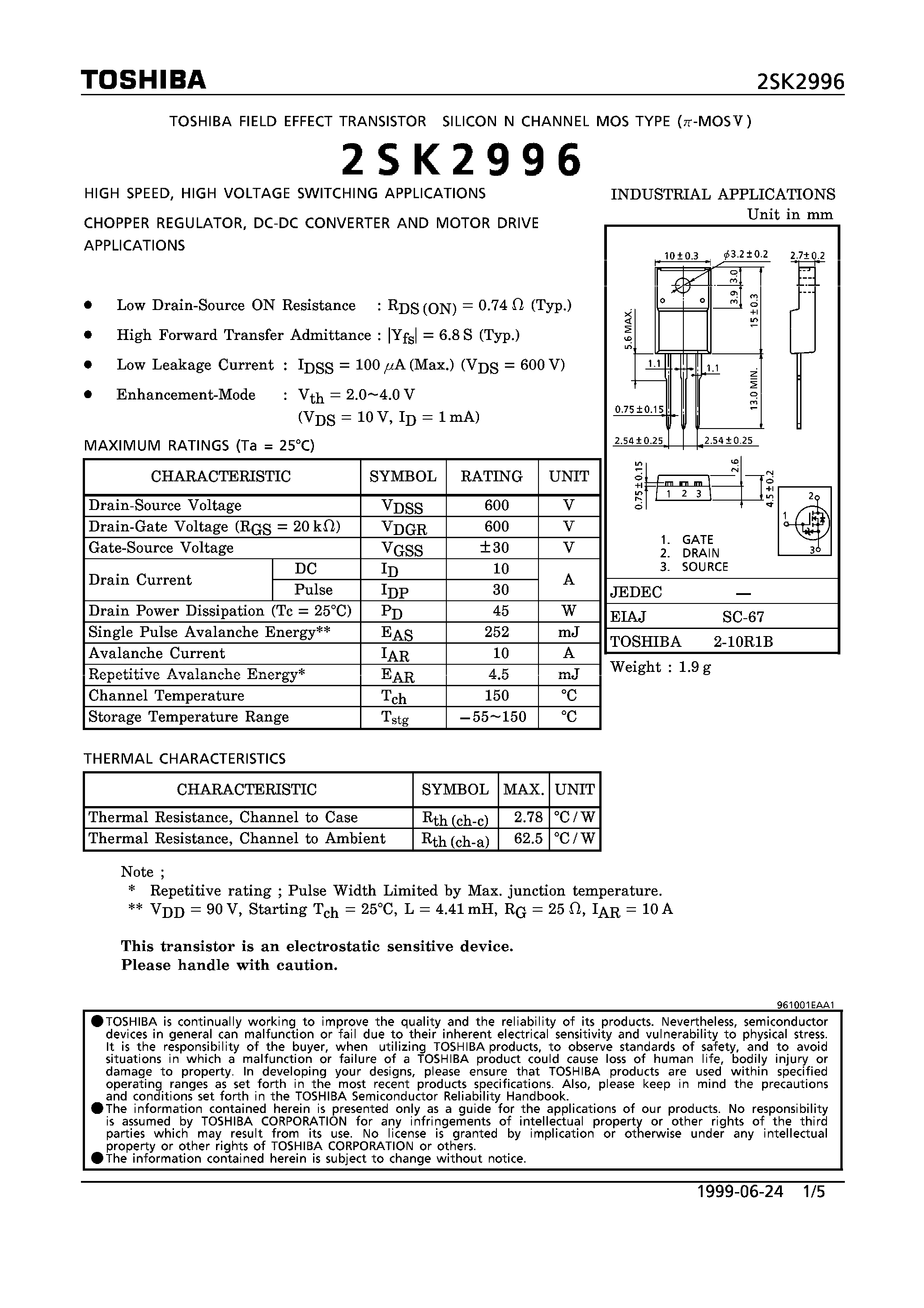 Datasheet 2SK12996 - N CHANNEL MOS TYPE (HIGH SPEED/ HIGH VOLTAGE SWITCHING/ CHOPPER REGULATOR/ DC-DC CONVERTER AND MOTOR DRIVE APPLICATIONS) page 1