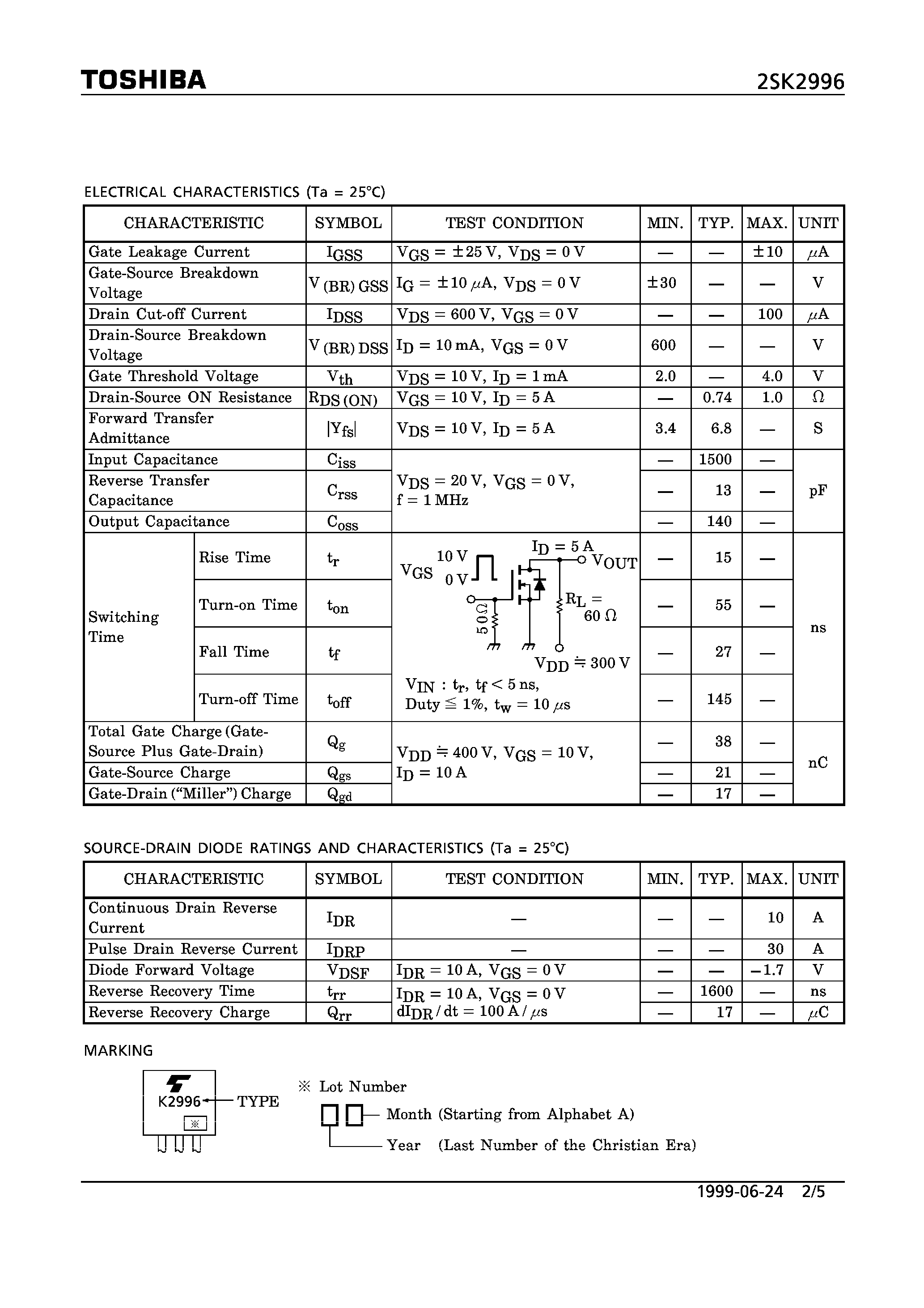 Datasheet 2SK12996 - N CHANNEL MOS TYPE (HIGH SPEED/ HIGH VOLTAGE SWITCHING/ CHOPPER REGULATOR/ DC-DC CONVERTER AND MOTOR DRIVE APPLICATIONS) page 2