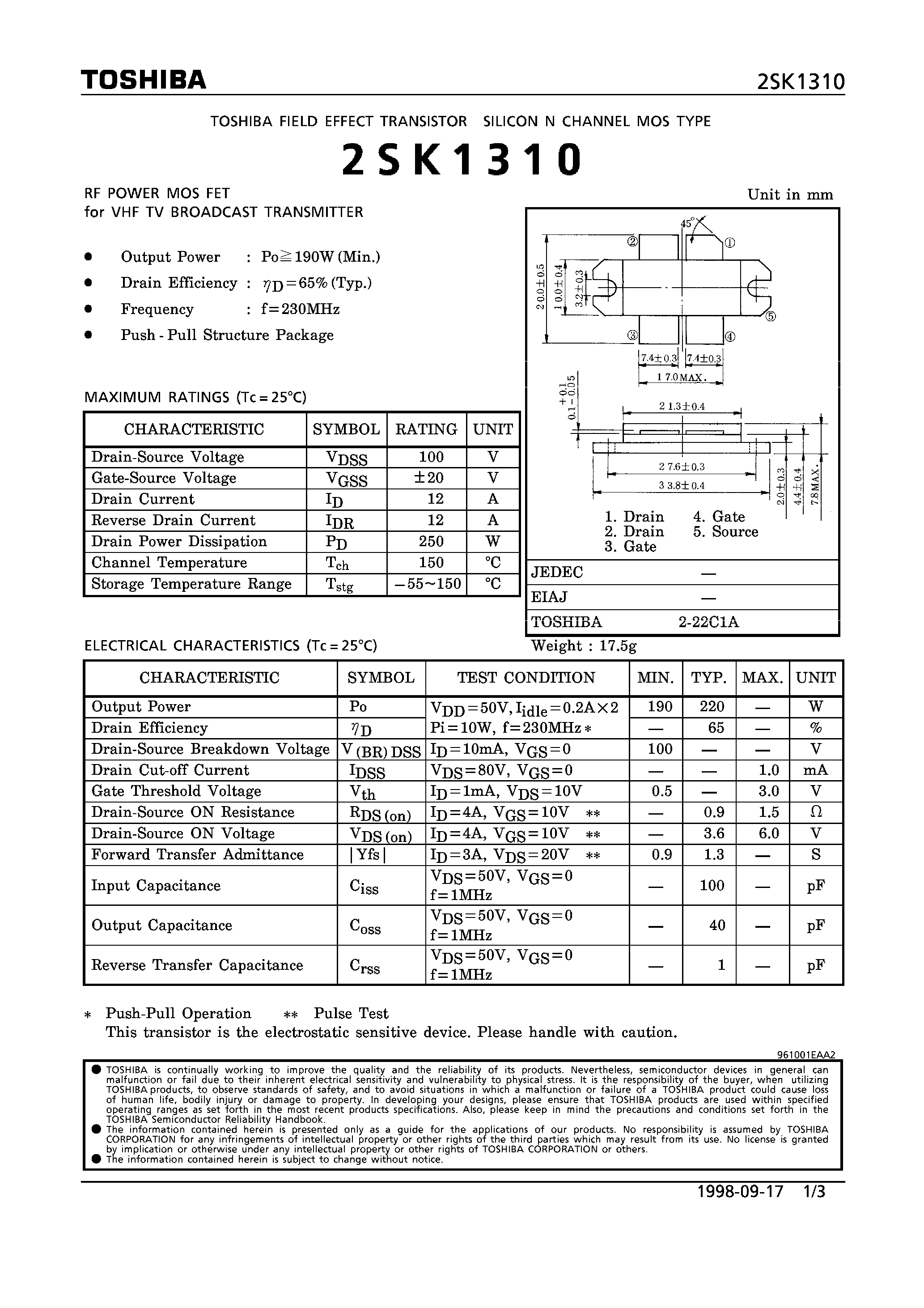 Datasheet 2SK1310 - N CHANNEL MOS TYPE (RF POWER MOS FET for VHF TV BROADCAST TRANSMITTER) page 1