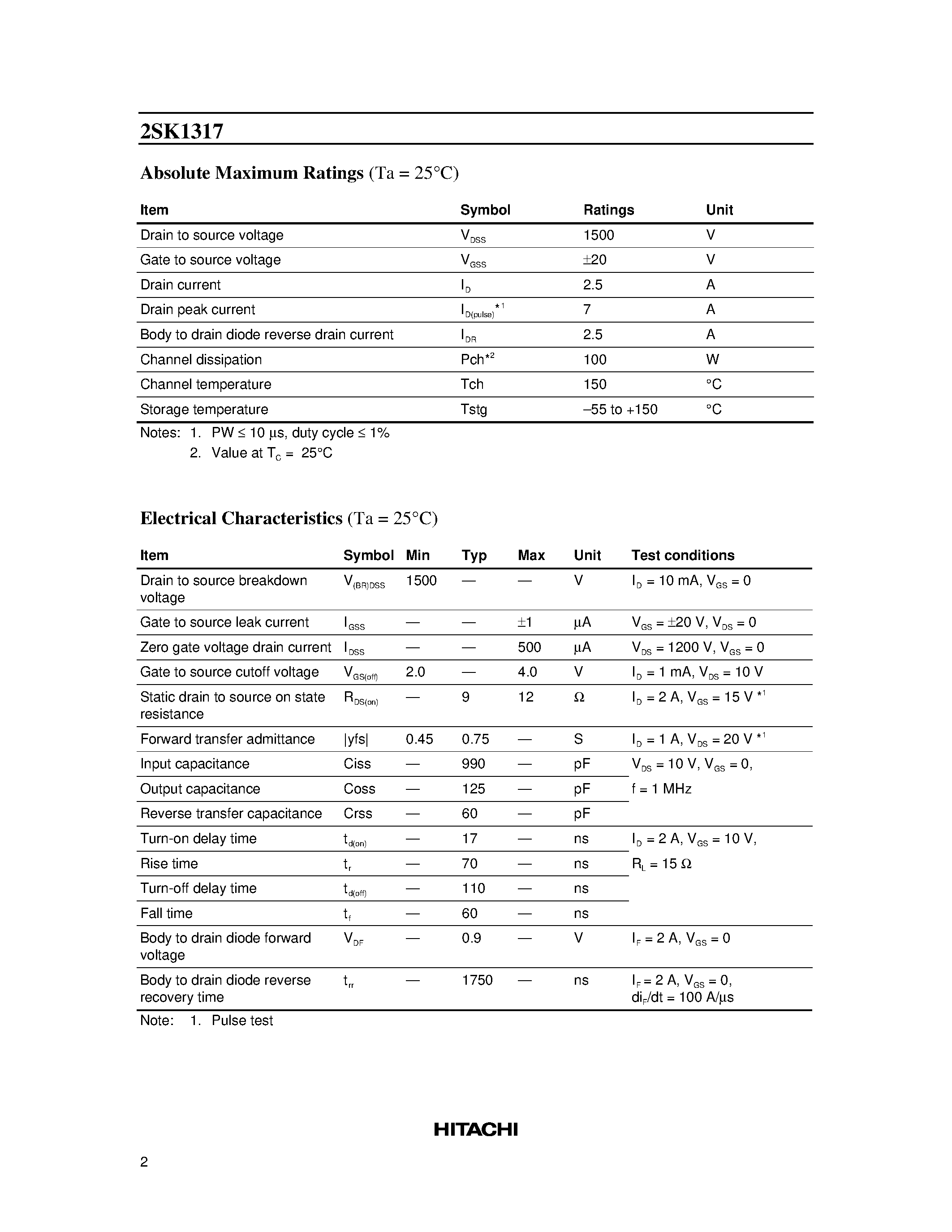 Datasheet 2SK1317 - Silicon N-Channel MOS FET page 2