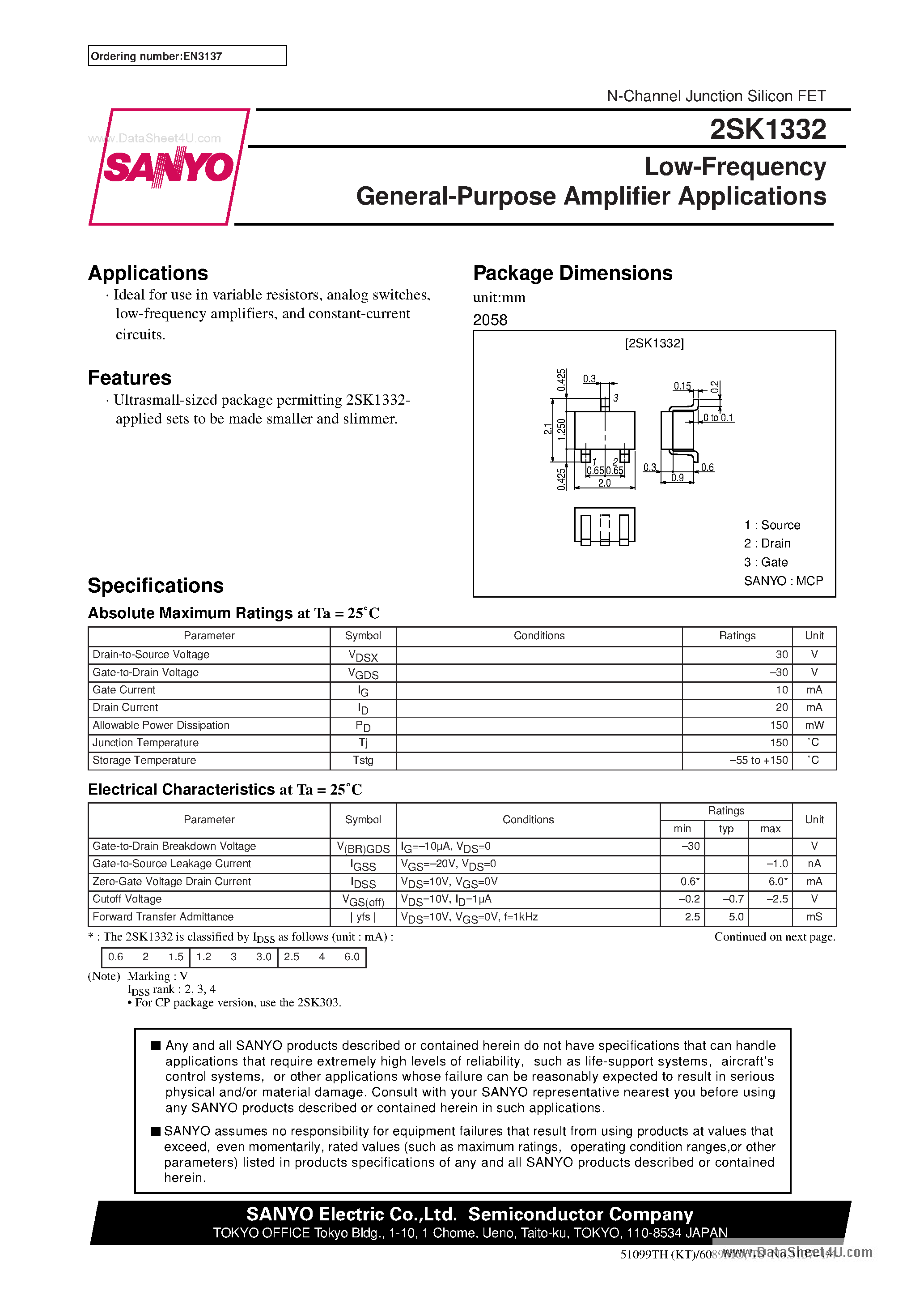 Datasheet 2SK1332 - Low-Frequency General-Purpose Amp Applications page 1