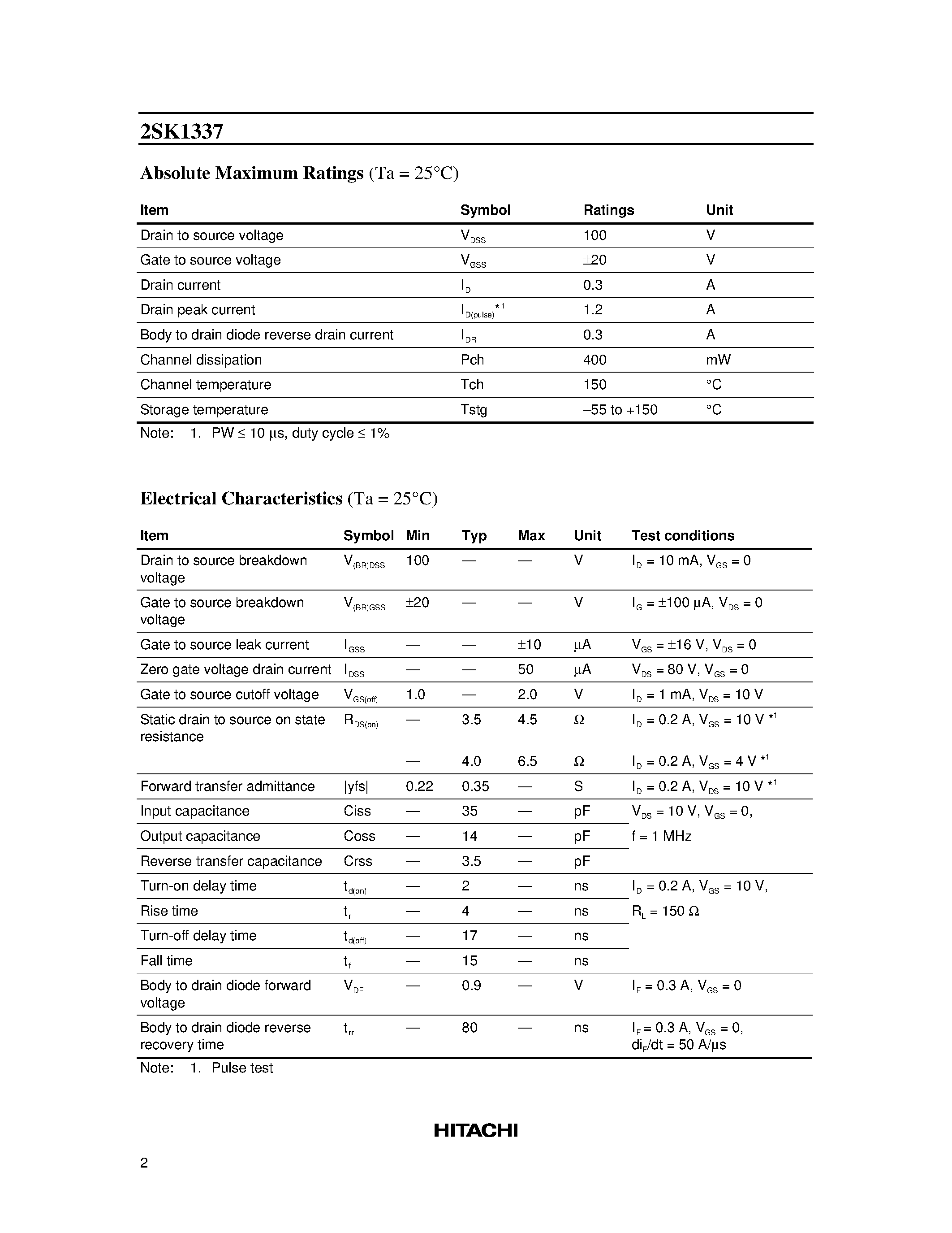 Datasheet 2SK1337 - Silicon N-Channel MOS FET page 2