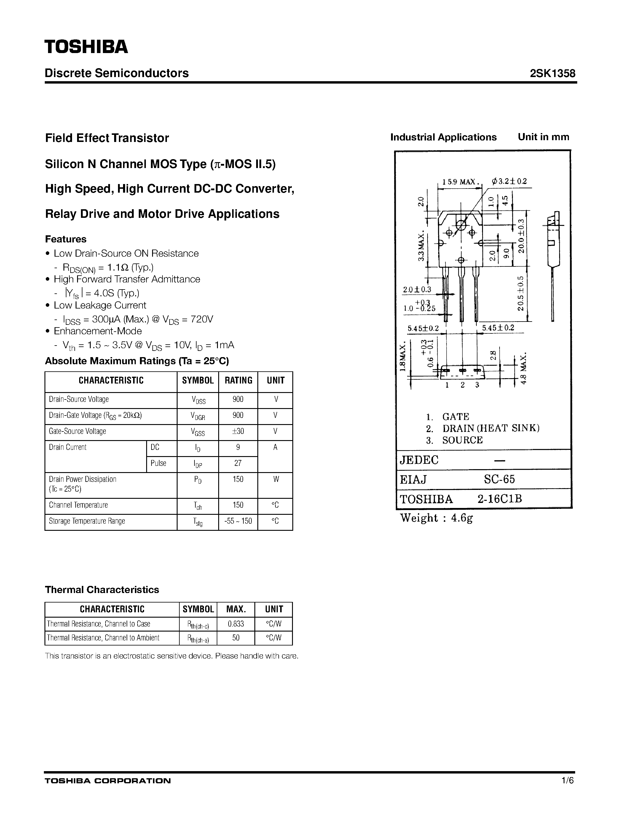 Datasheet 2SK1358 - FET/ Silicon N Channel MOS Type(for High Speed/ High Current DC-DC Converter/ Relay Drive and Motor Diver) page 1