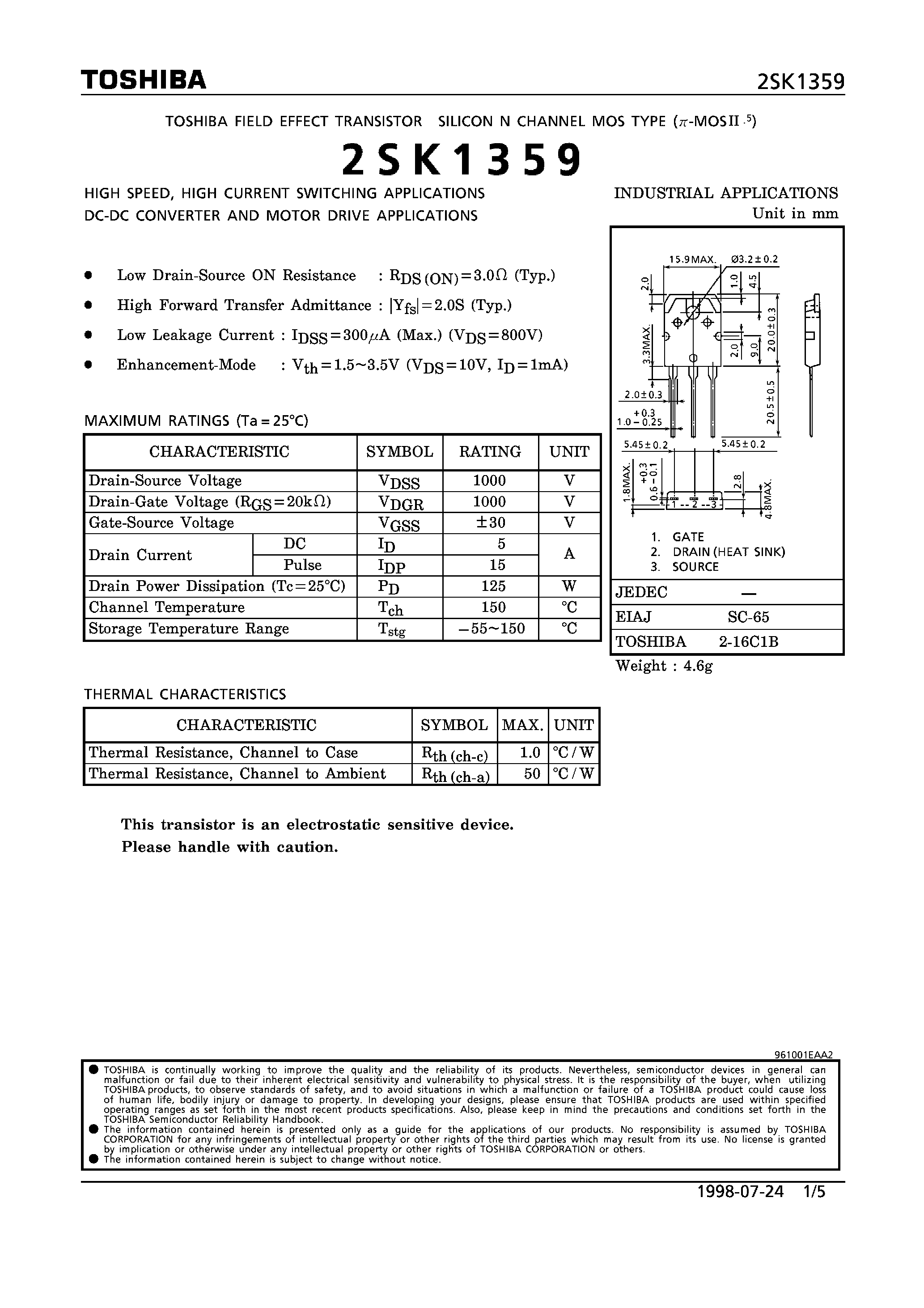 Datasheet 2SK1359 - N CHANNEL MOS TYPE (HIGH SPEED/ HIGH CURRENT SWITCHING/ DC-DC CONVERTER AND MOTOR DRIVE APPLICATIONS) page 1