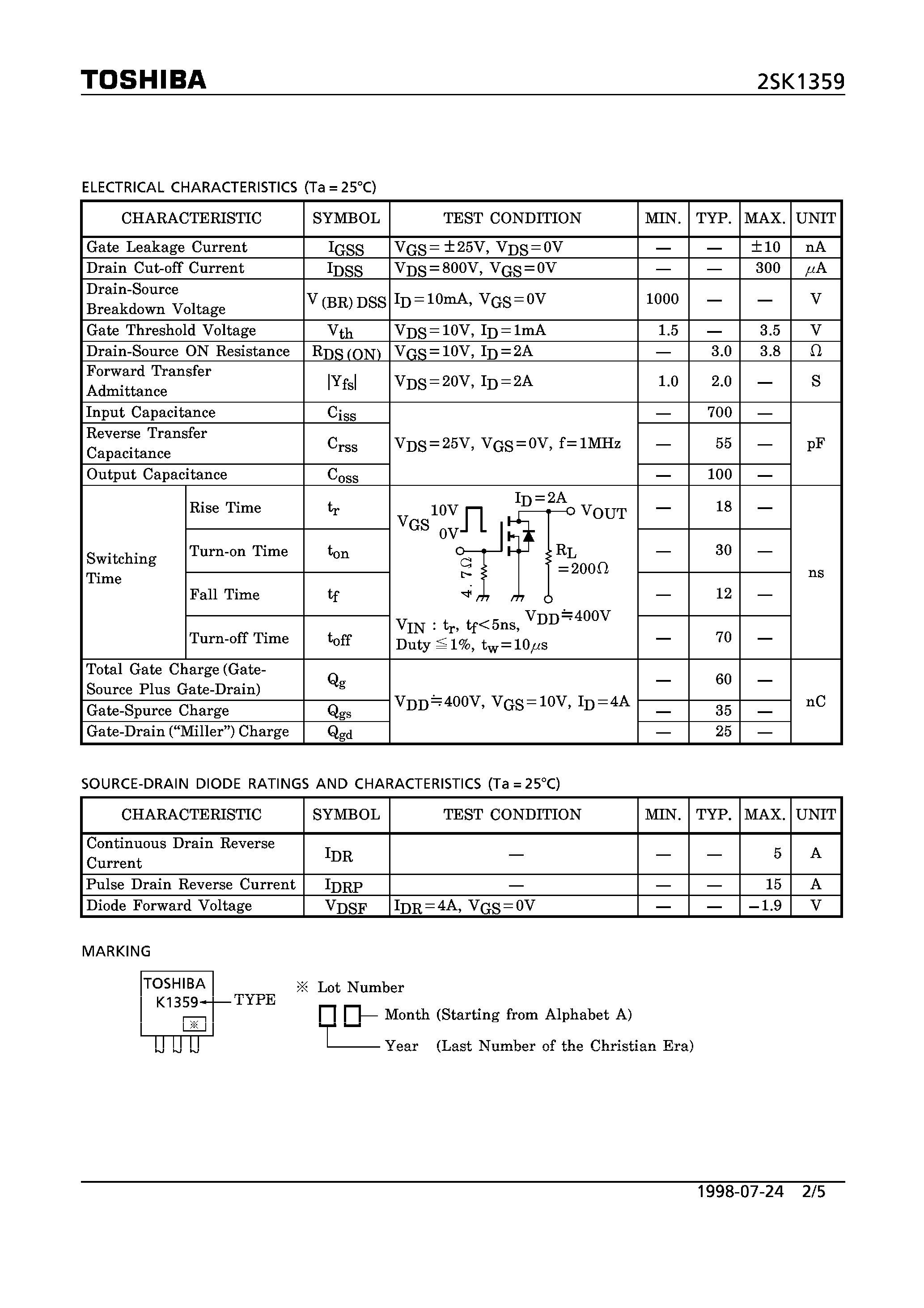 Datasheet 2SK1359 - N CHANNEL MOS TYPE (HIGH SPEED/ HIGH CURRENT SWITCHING/ DC-DC CONVERTER AND MOTOR DRIVE APPLICATIONS) page 2