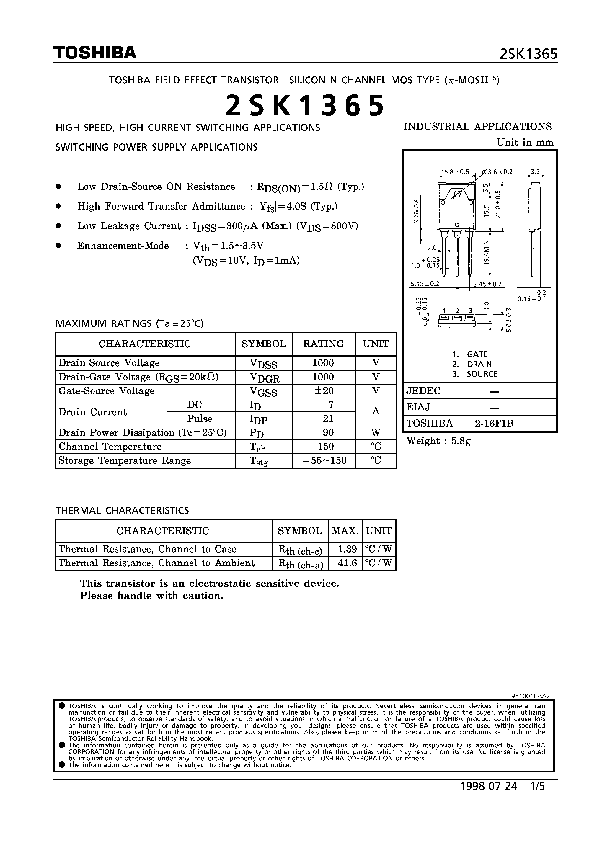 Datasheet 2SK1365 - FET/ Silicon N Channel MOS Type(for High Speed/ High Current Switching/ Switching Power Supply) page 1