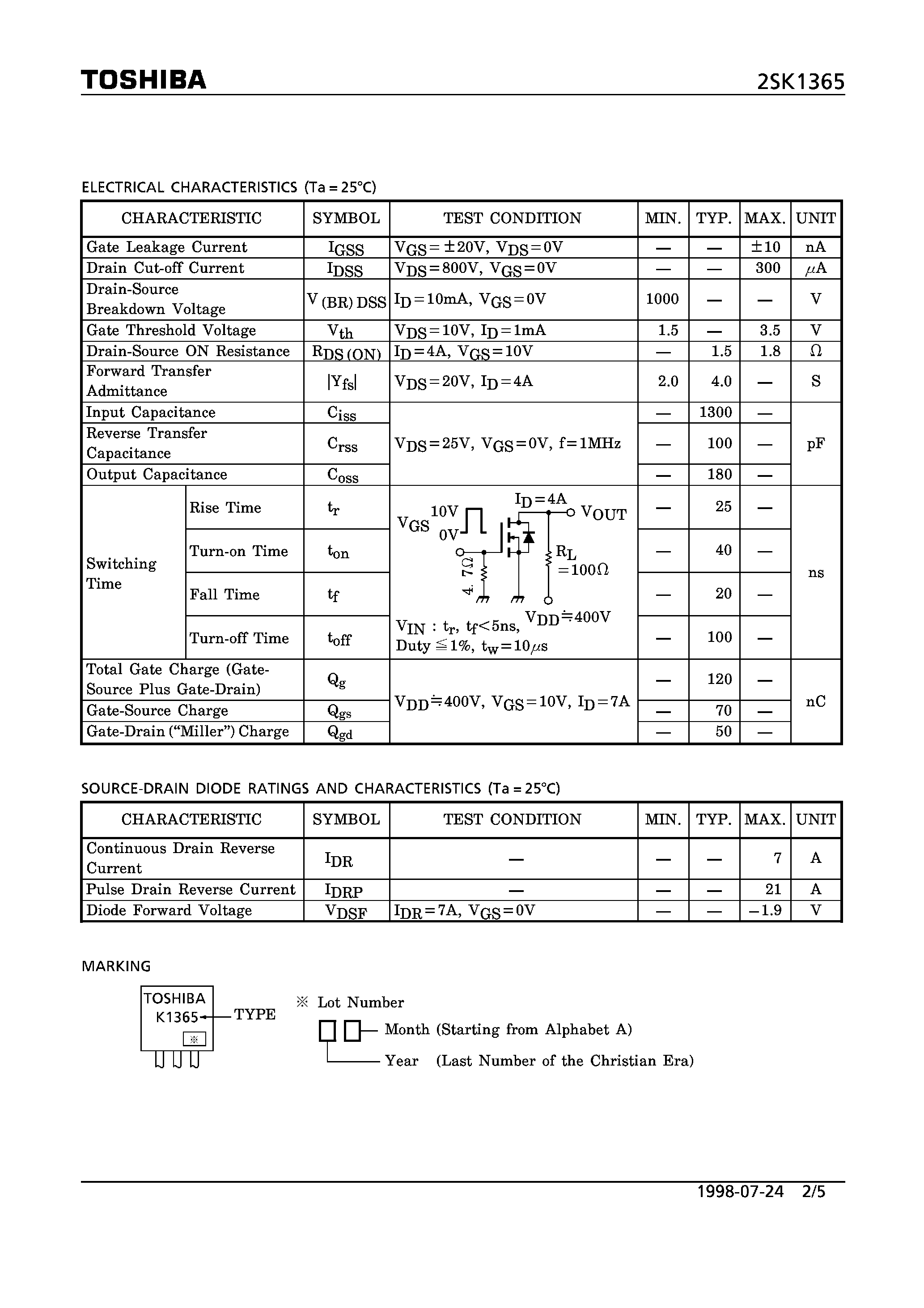 Datasheet 2SK1365 - FET/ Silicon N Channel MOS Type(for High Speed/ High Current Switching/ Switching Power Supply) page 2