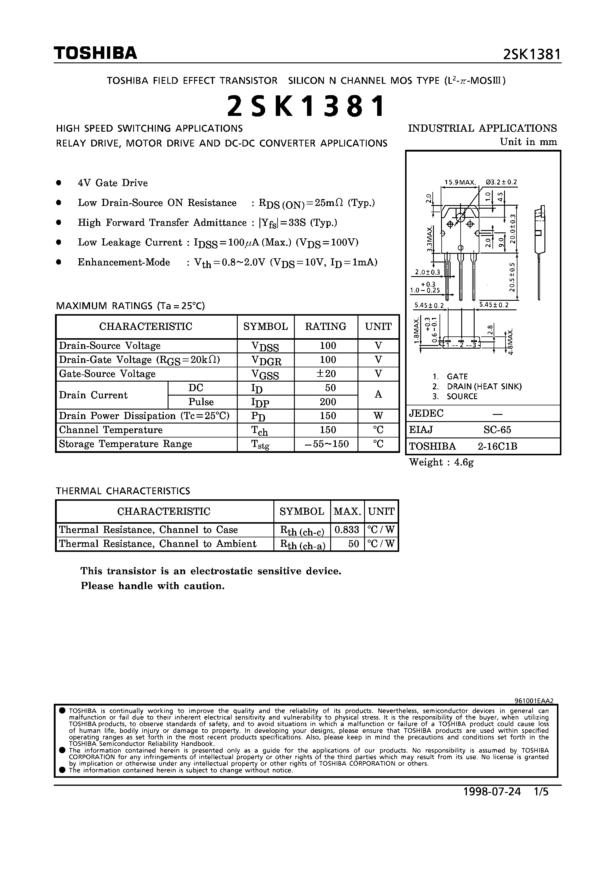 Datasheet 2SK1381 - N CHANNEL MOS TYPE (HIGH SPEED SWITCHNG/ RELAY DRIVE/ MOTOR DRIVE AND DC-DC CONVERTER APPLICATIONS) page 1