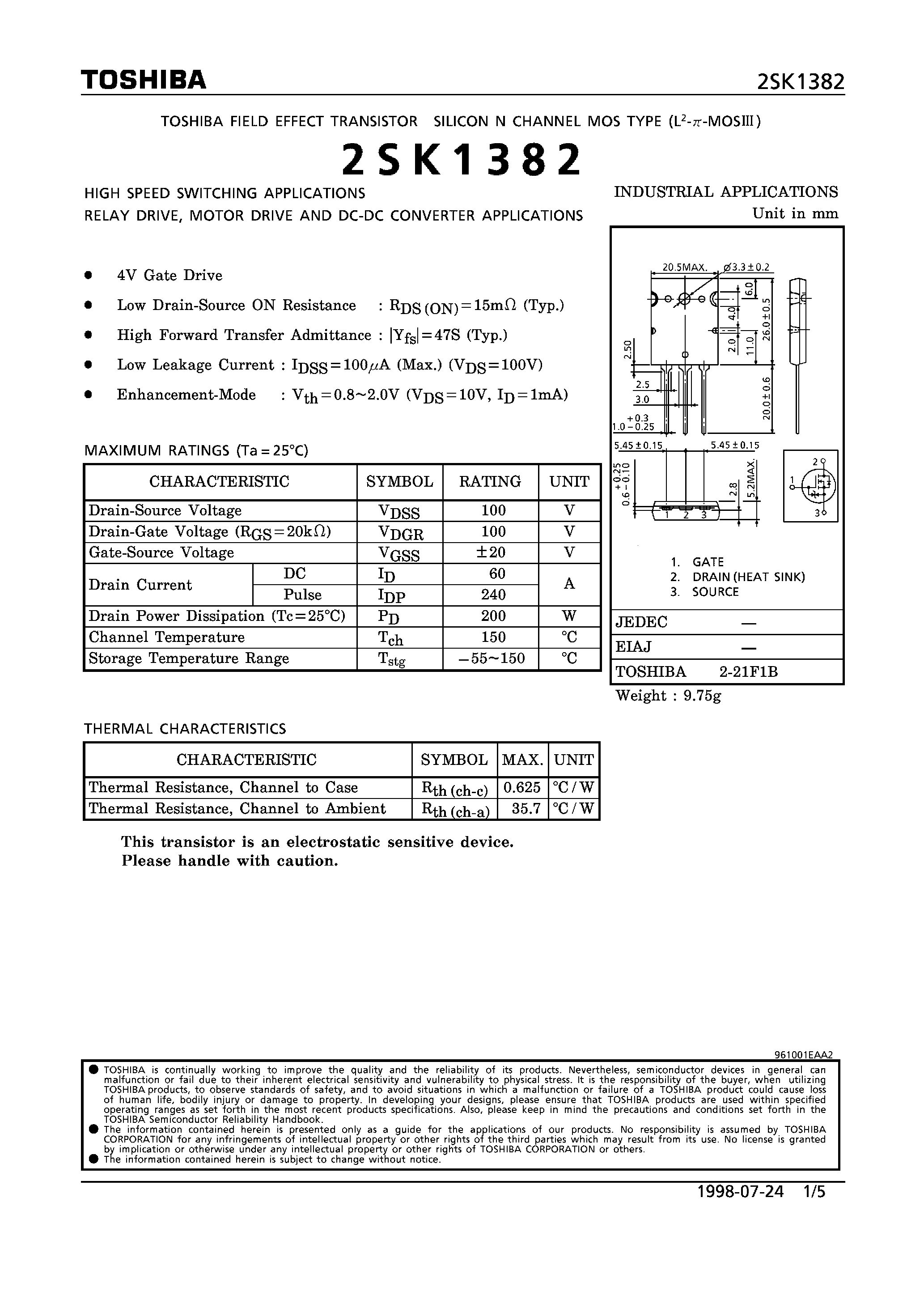 Datasheet 2SK1382 - N CHANNEL MOS TYPE (HIGH SPEED SWITCHING/ RELAY DRIVE/ MOTOR DRIVE AND DC-DC CONVERTER APPLICATIONS) page 1