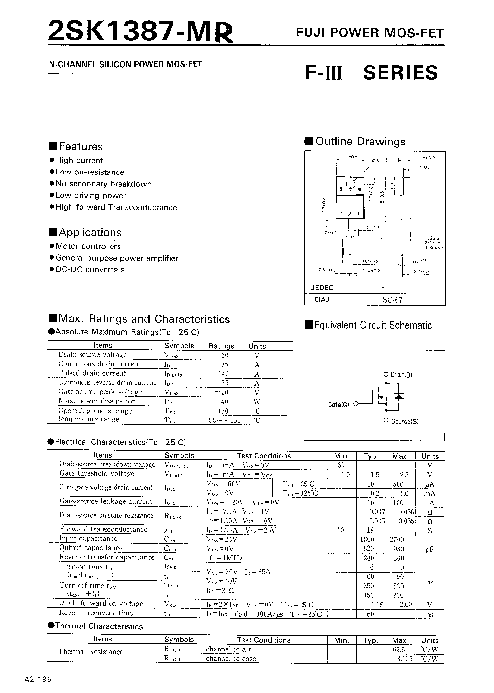 Datasheet 2SK1387-MR - N-CHANNEL SILICON POWER MOSFET page 1