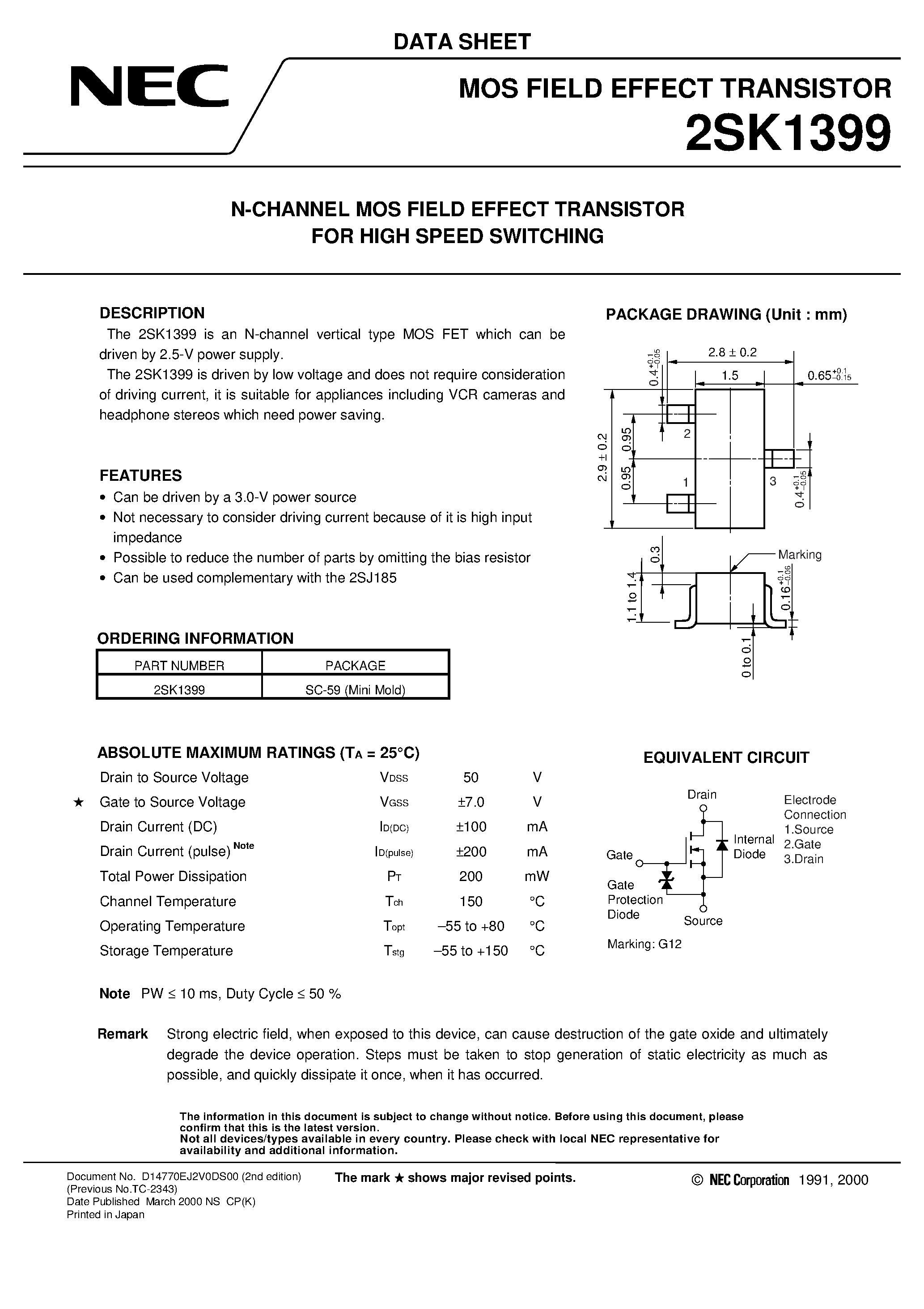 Datasheet 2SK1399 - N-CHANNEL MOS FIELD EFFECT TRANSISTOR FOR HIGH SPEED SWITCHING page 1