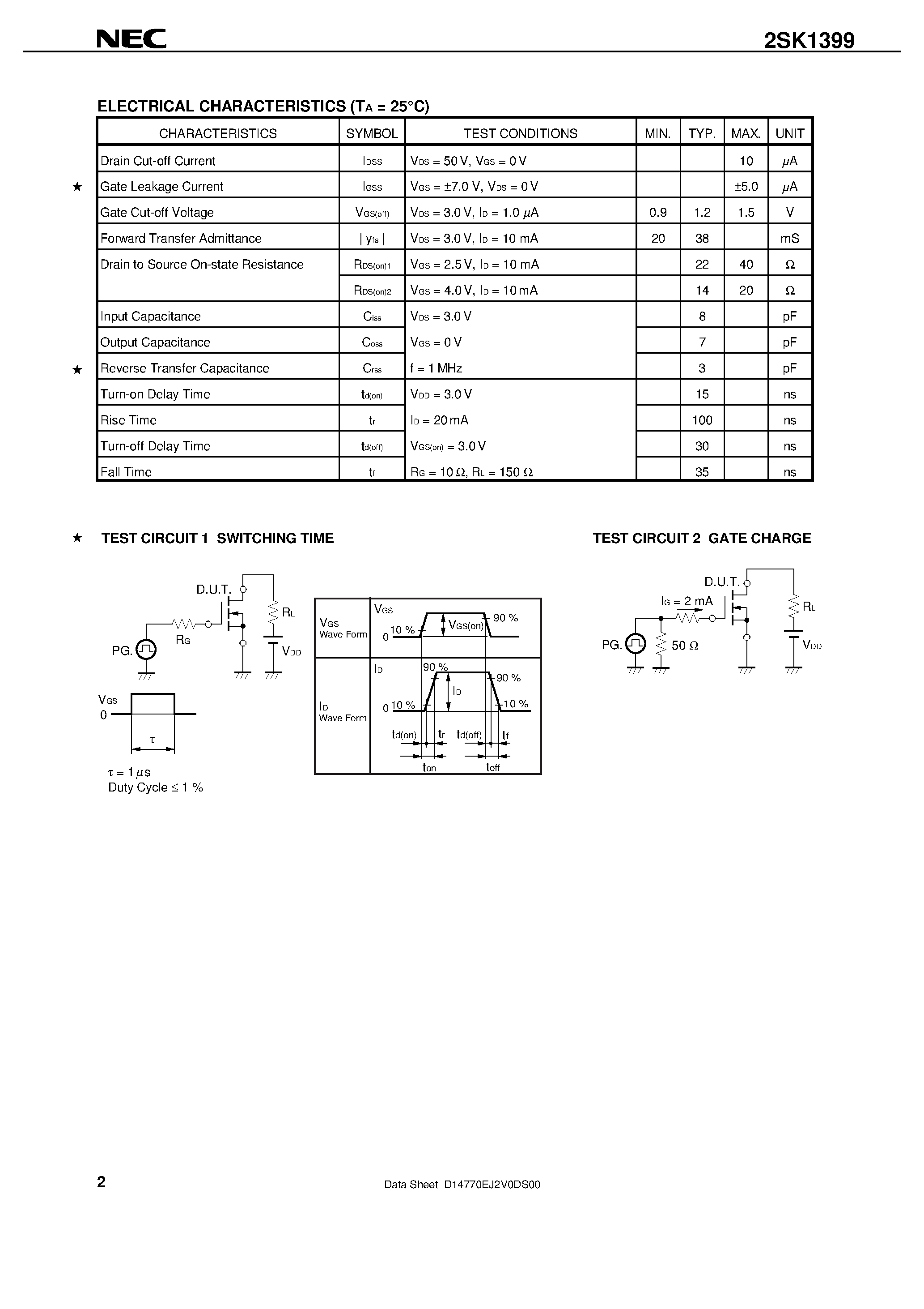 Datasheet 2SK1399 - N-CHANNEL MOS FIELD EFFECT TRANSISTOR FOR HIGH SPEED SWITCHING page 2