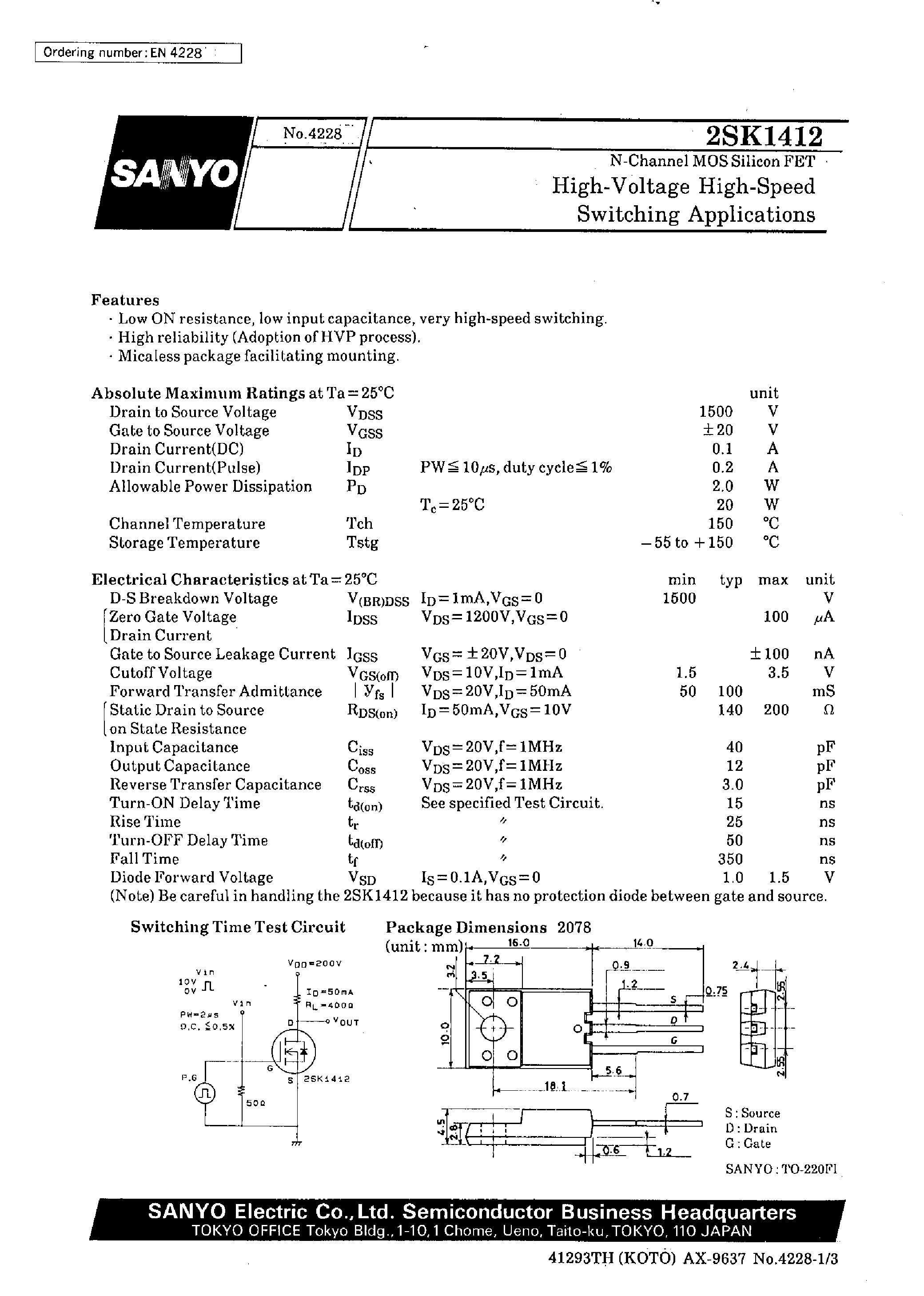 Datasheet 2SK1412 - High-Voltage High-Speed Switching Applications page 1