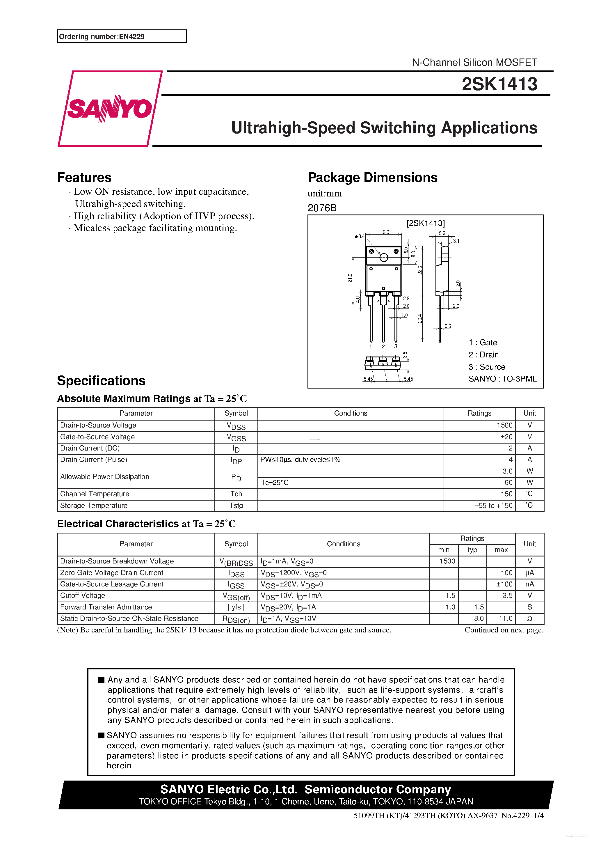 Datasheet 2SK1413 - High-Voltage High-Speed Switching Applications page 1