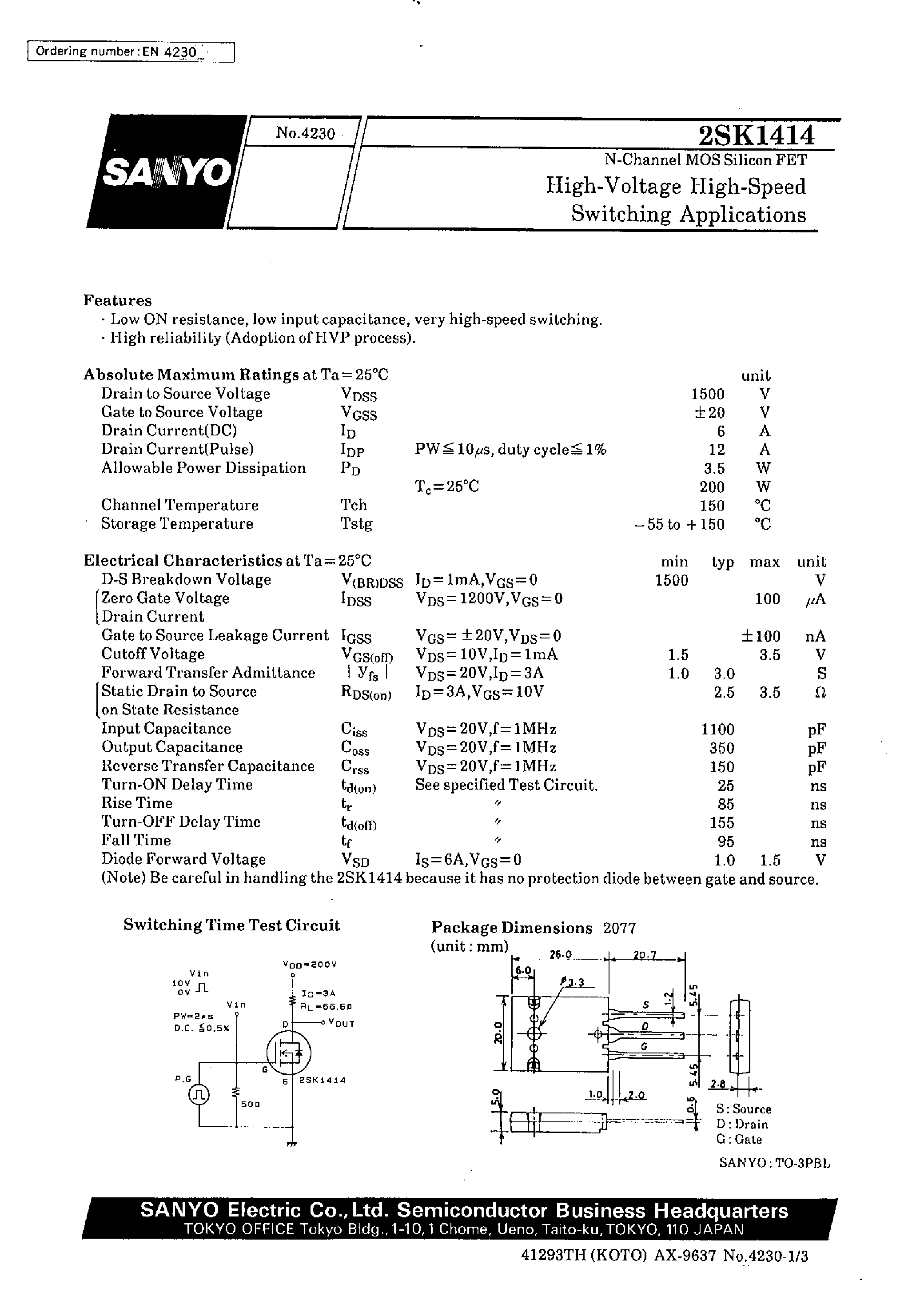 Datasheet 2SK1414 - High-Voltage High-Speed Switching Applications page 1