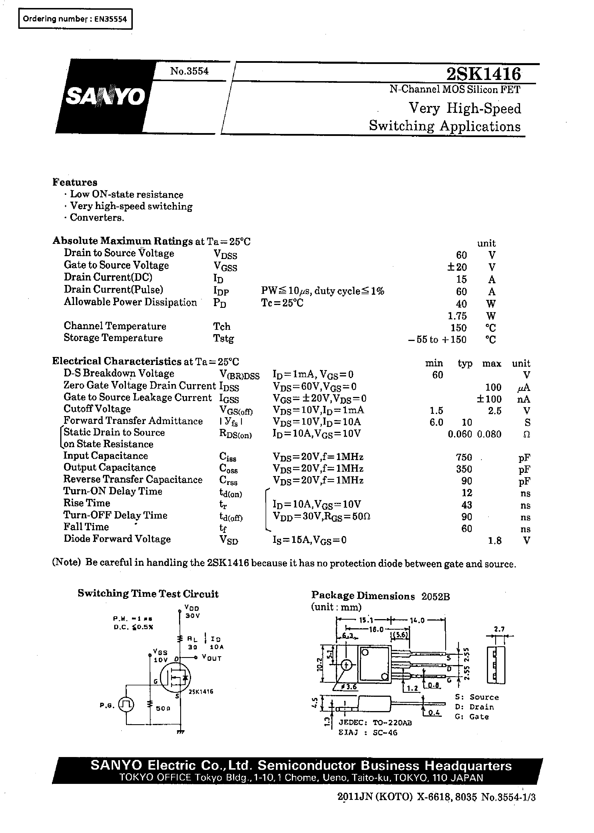 Datasheet 2SK1416 - Very High-Speed Switching Applications page 1