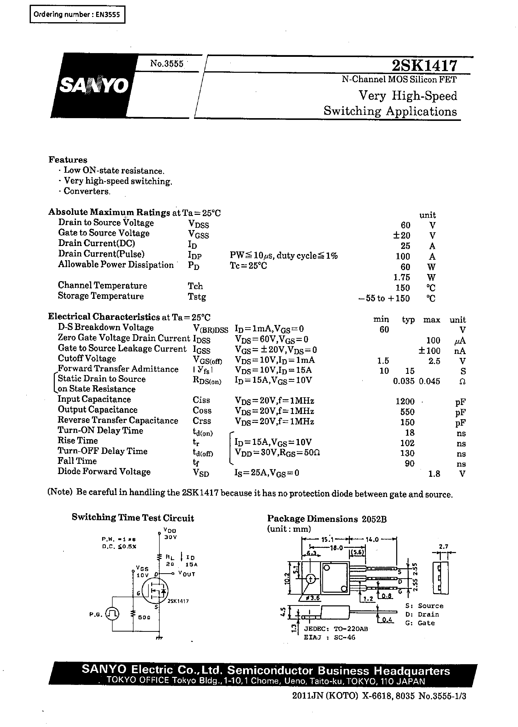 Datasheet 2SK1417 - Very High-Speed Switching Applications page 1