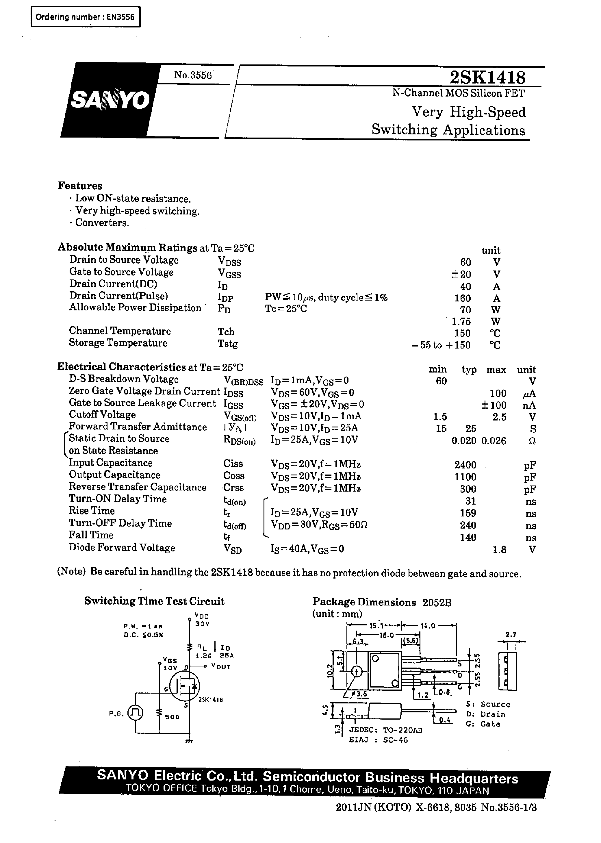 Datasheet 2SK1418 - Very High-Speed Switching Applications page 1