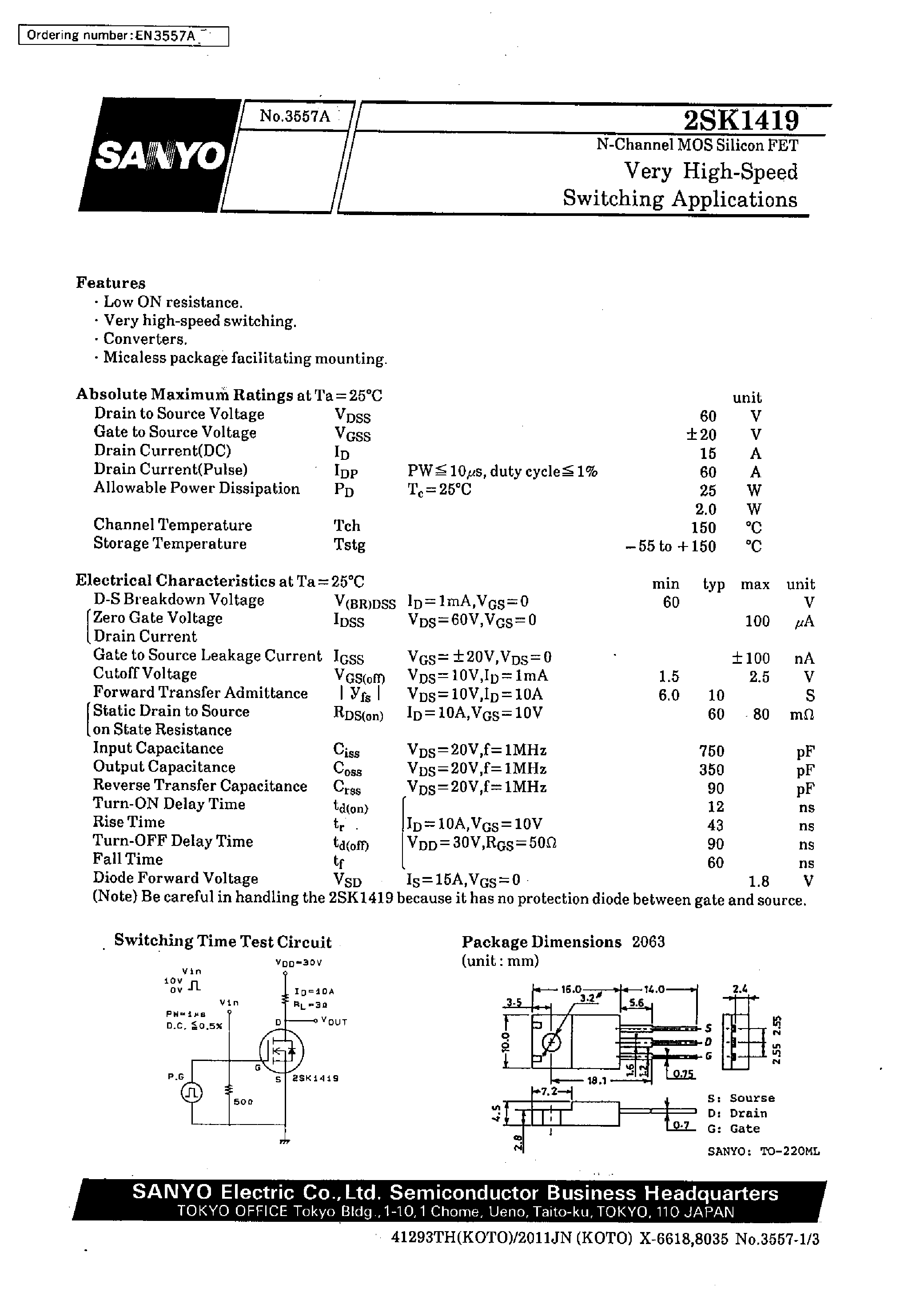 Datasheet 2SK1419 - Very High-Speed Switching Applications page 1