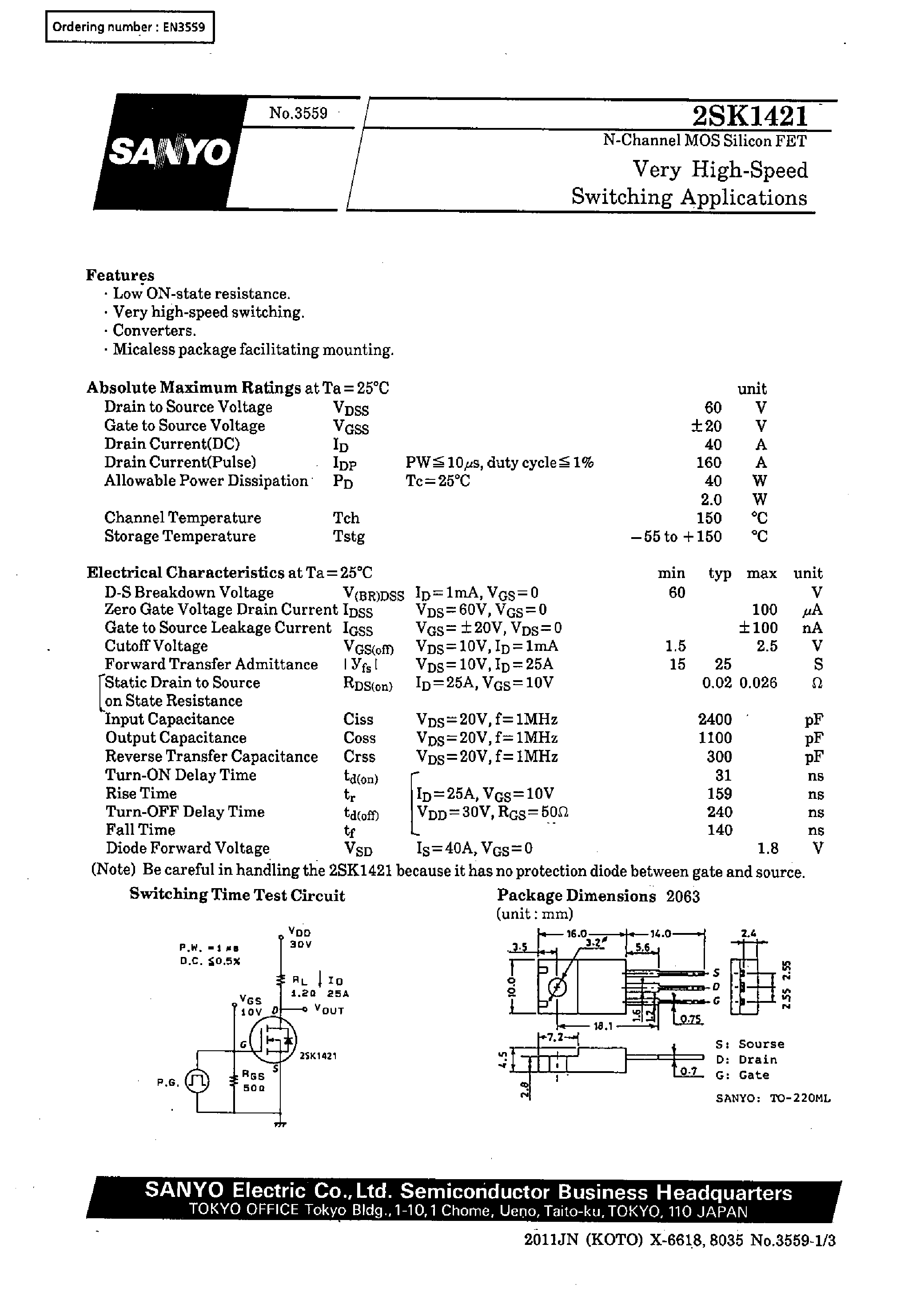 Datasheet 2SK1421 - Very High-Speed Switching Applications page 1