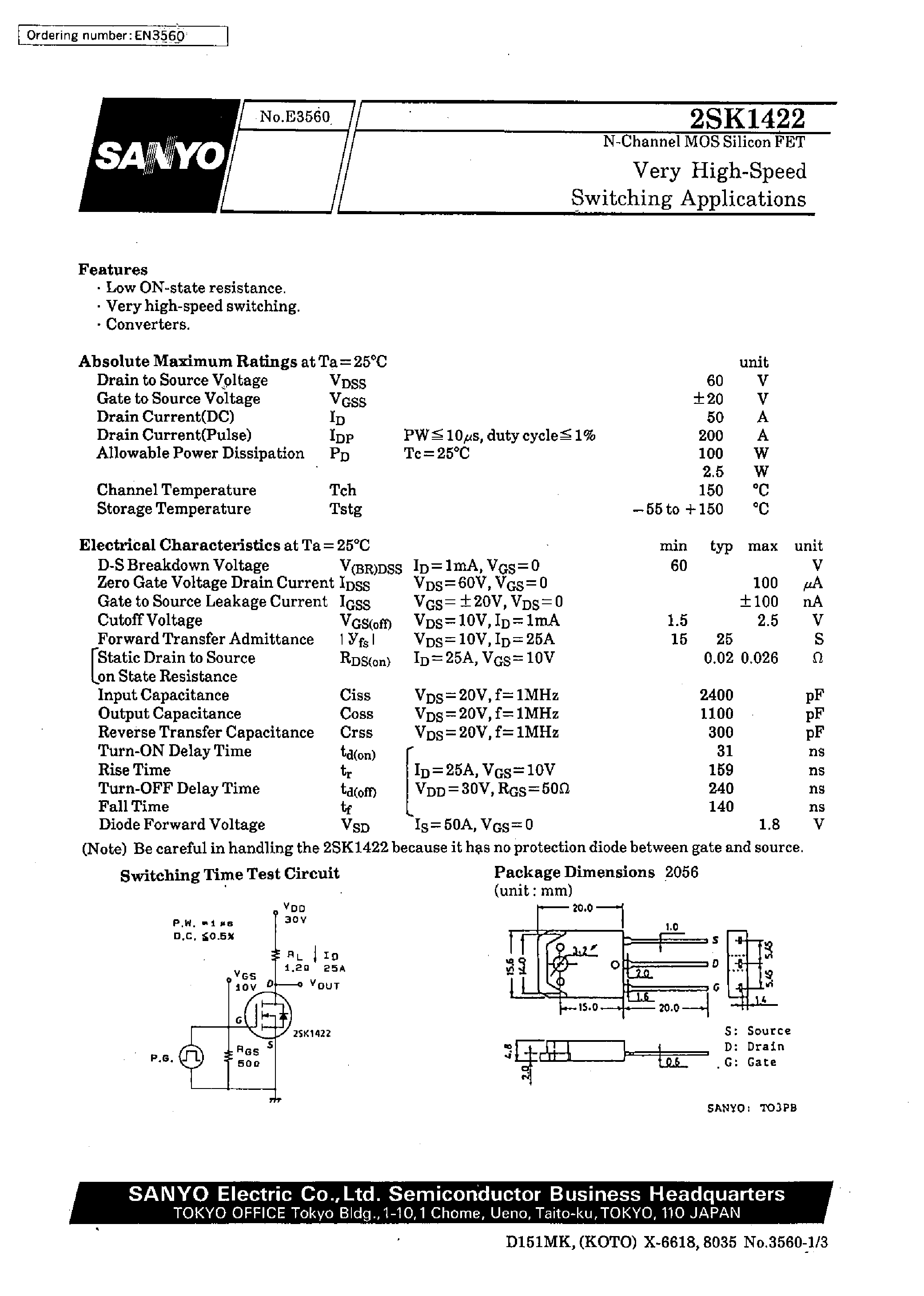 Datasheet 2SK1422 - Very High-Speed Switching Applications page 1