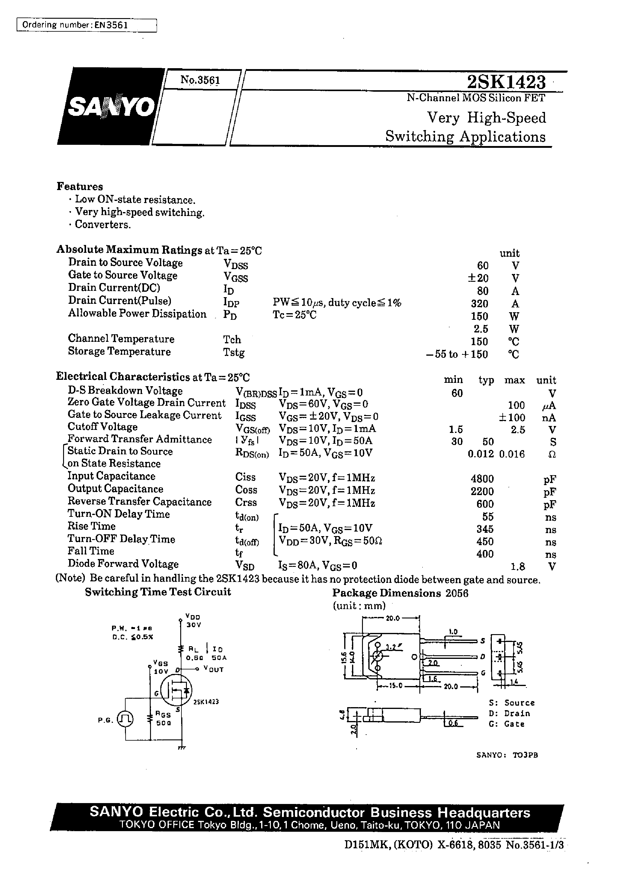 Datasheet 2SK1423 - Very High-Speed Switching Applications page 1