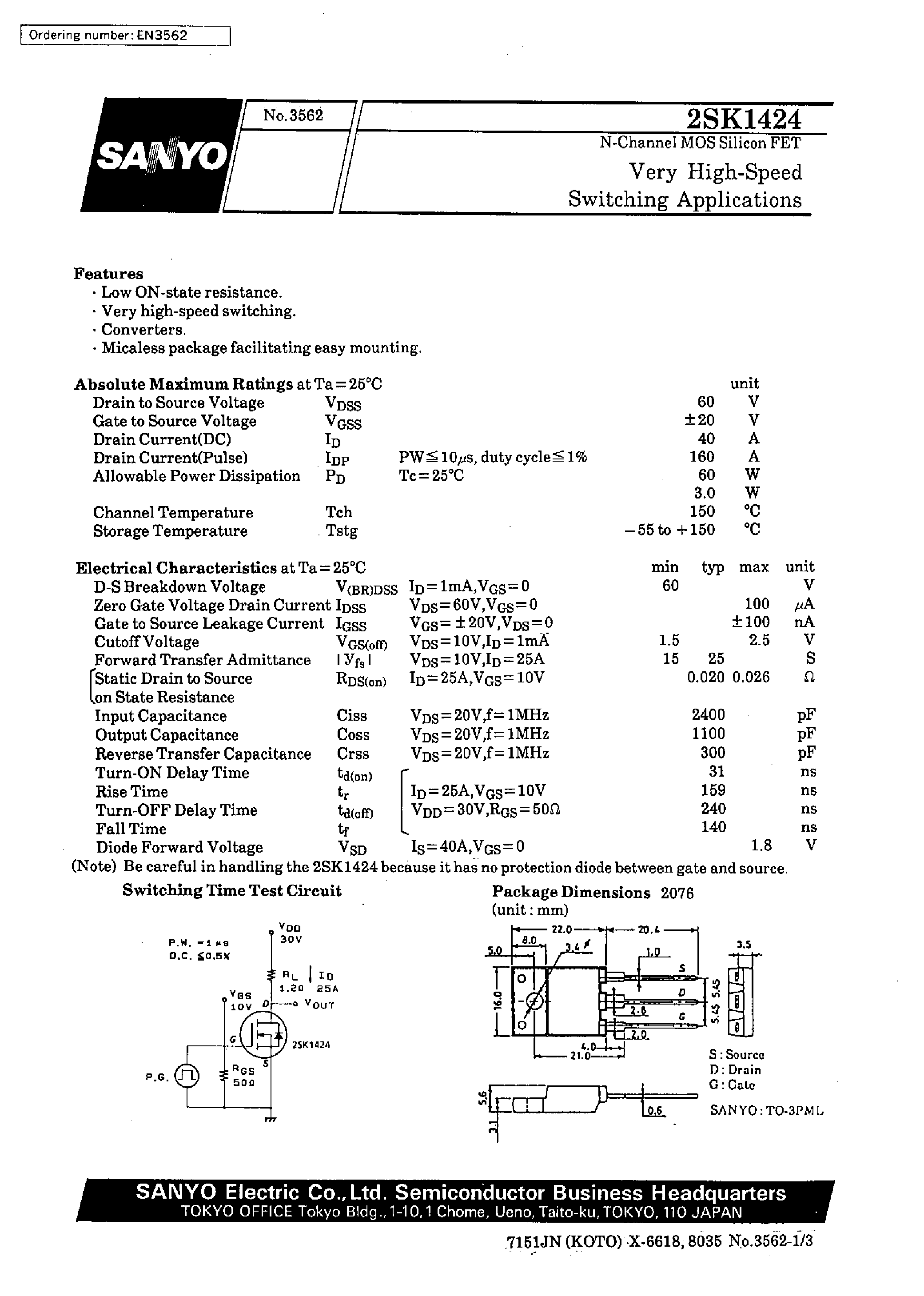 Datasheet 2SK1424 - Very High-Speed Switching Applications page 1