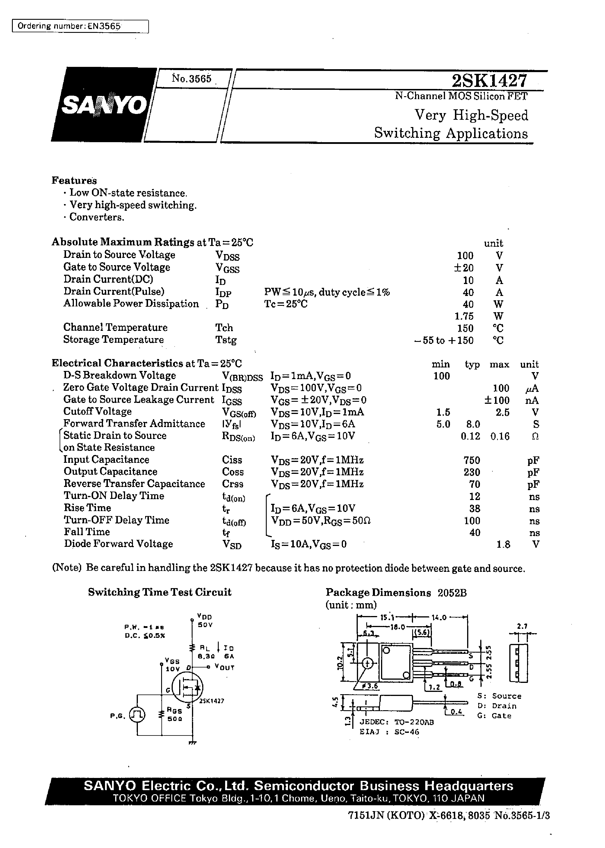 Datasheet 2SK1427 - Very High-Speed Switching Applications page 1