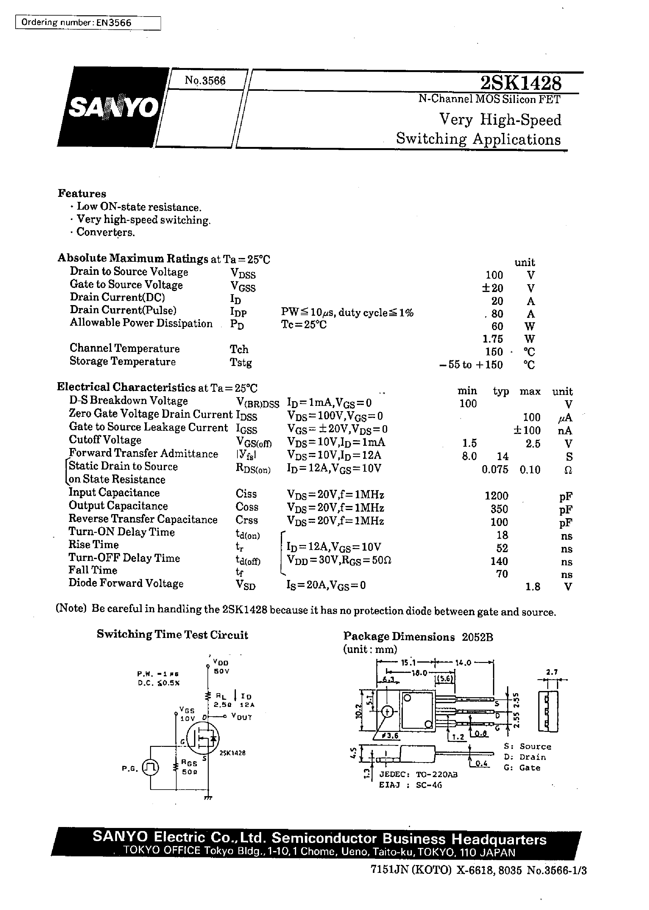 Datasheet 2SK1428 - Very High-Speed Switching Applications page 1