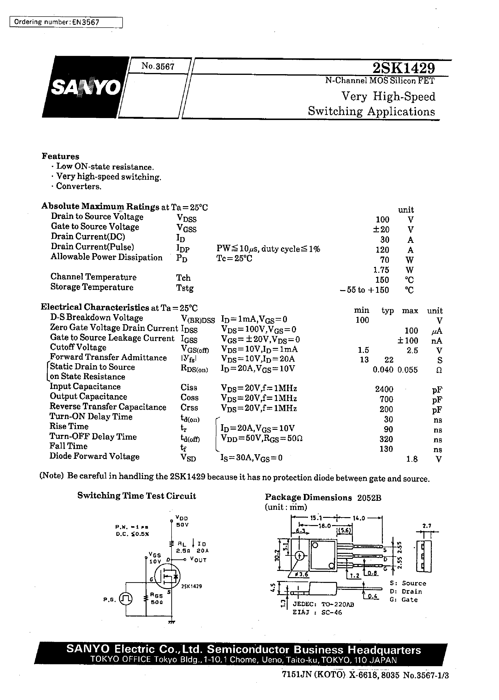 Datasheet 2SK1429 - Very High-Speed Switching Applications page 1