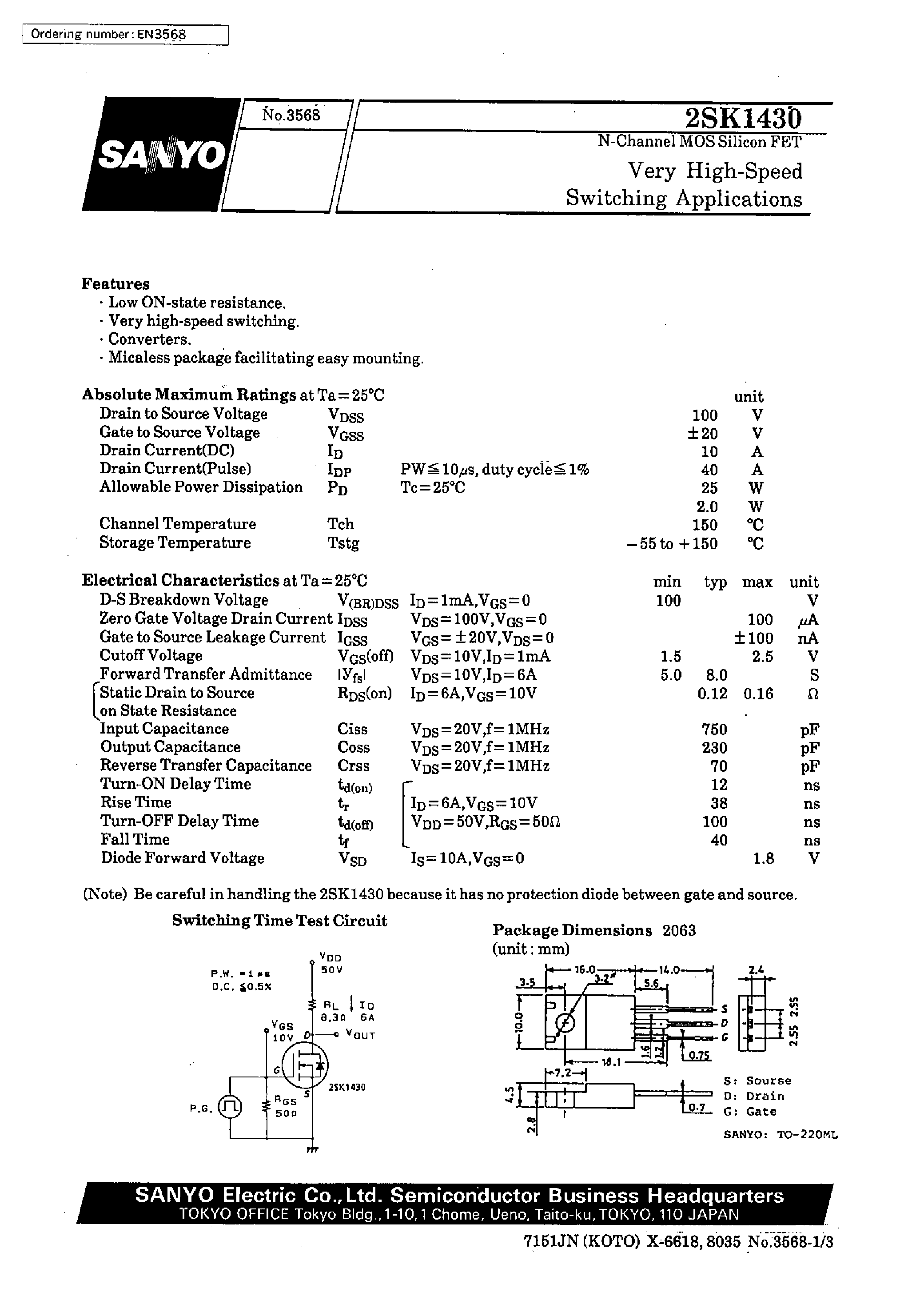 Datasheet 2SK1430 - Very High-Speed Switching Applications page 1