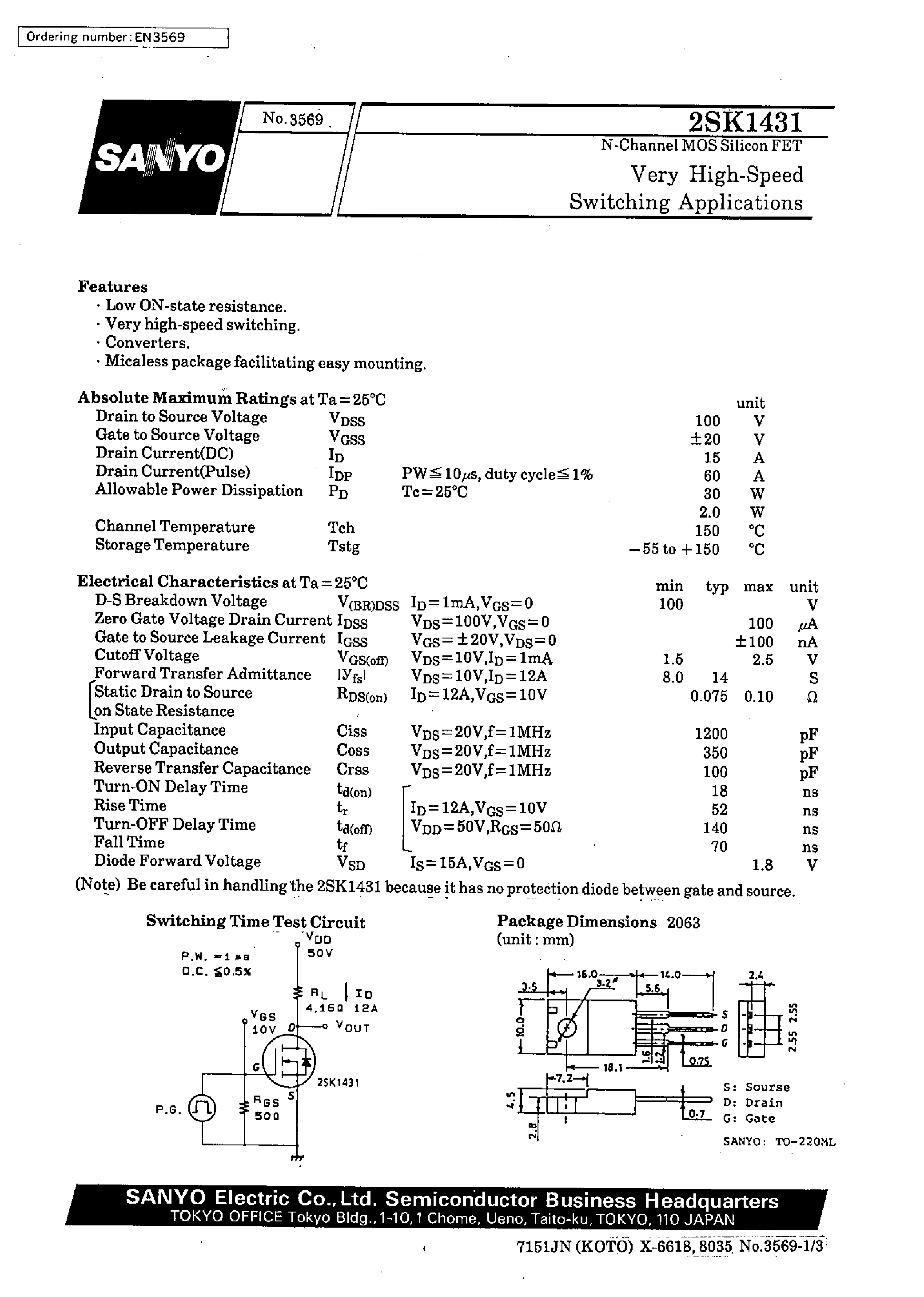 Datasheet 2SK1431 - Very High-Speed Switching Applications page 1