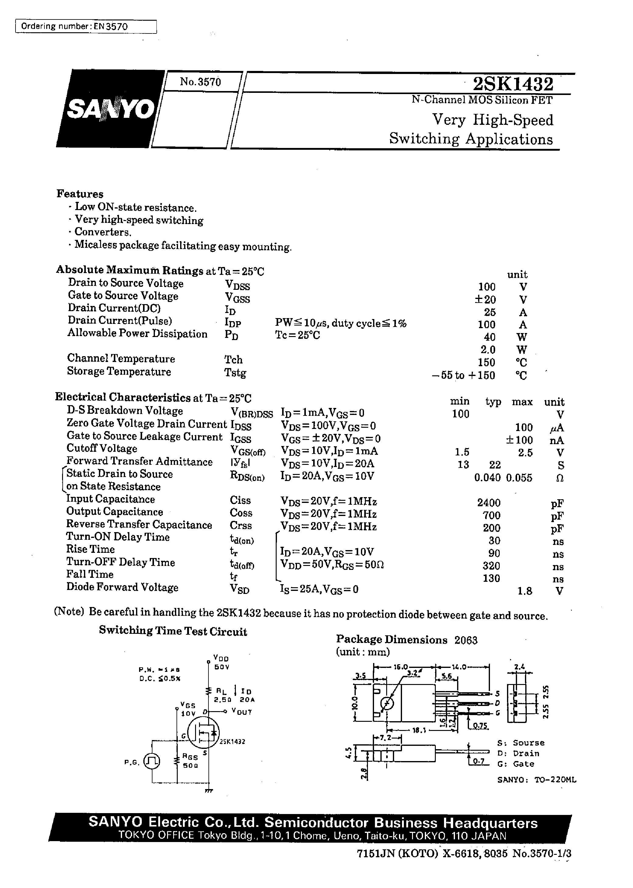 Datasheet 2SK1432 - Very High-Speed Switching Applications page 1