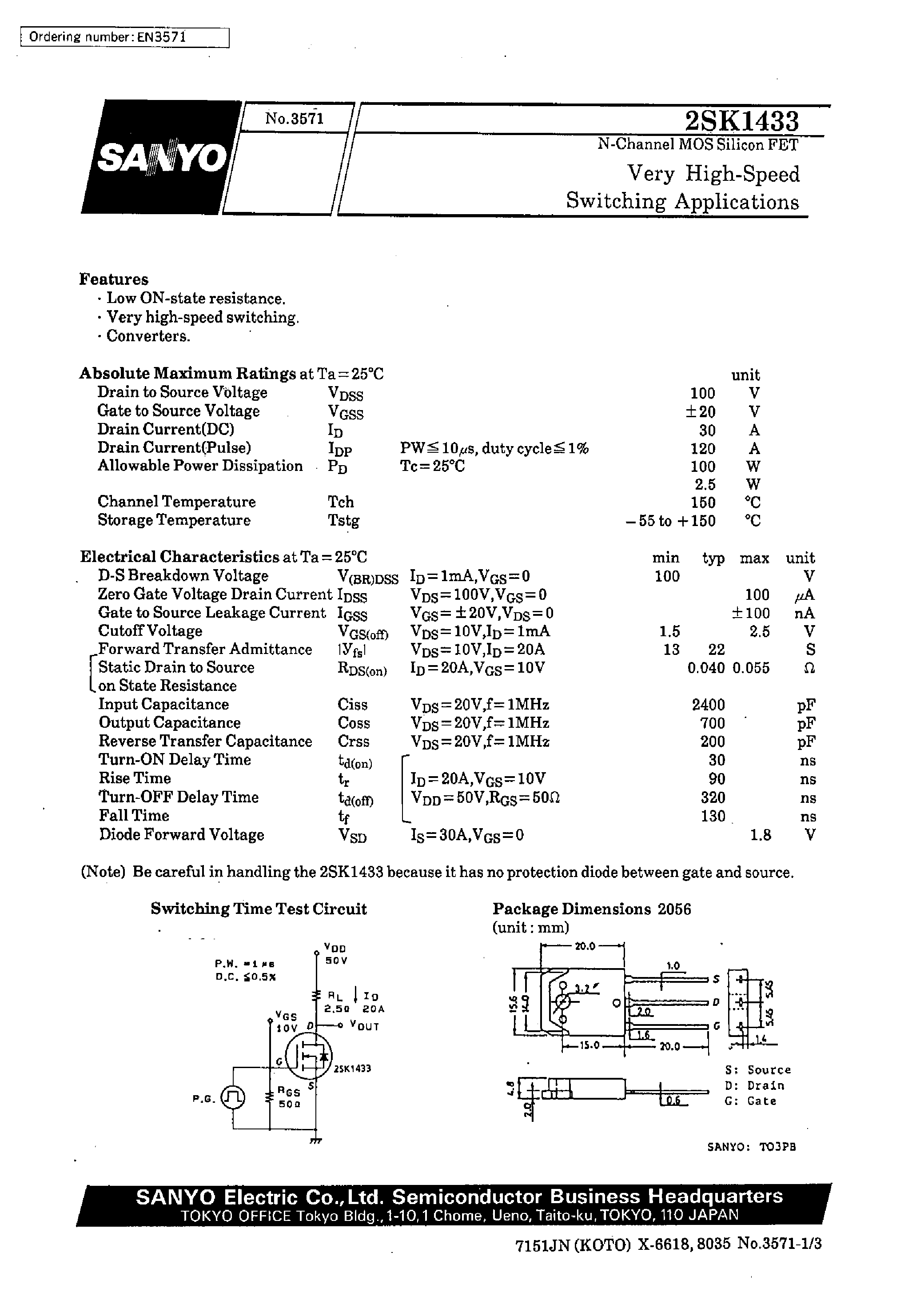 Datasheet 2SK1433 - Very High-Speed Switching Applications page 1