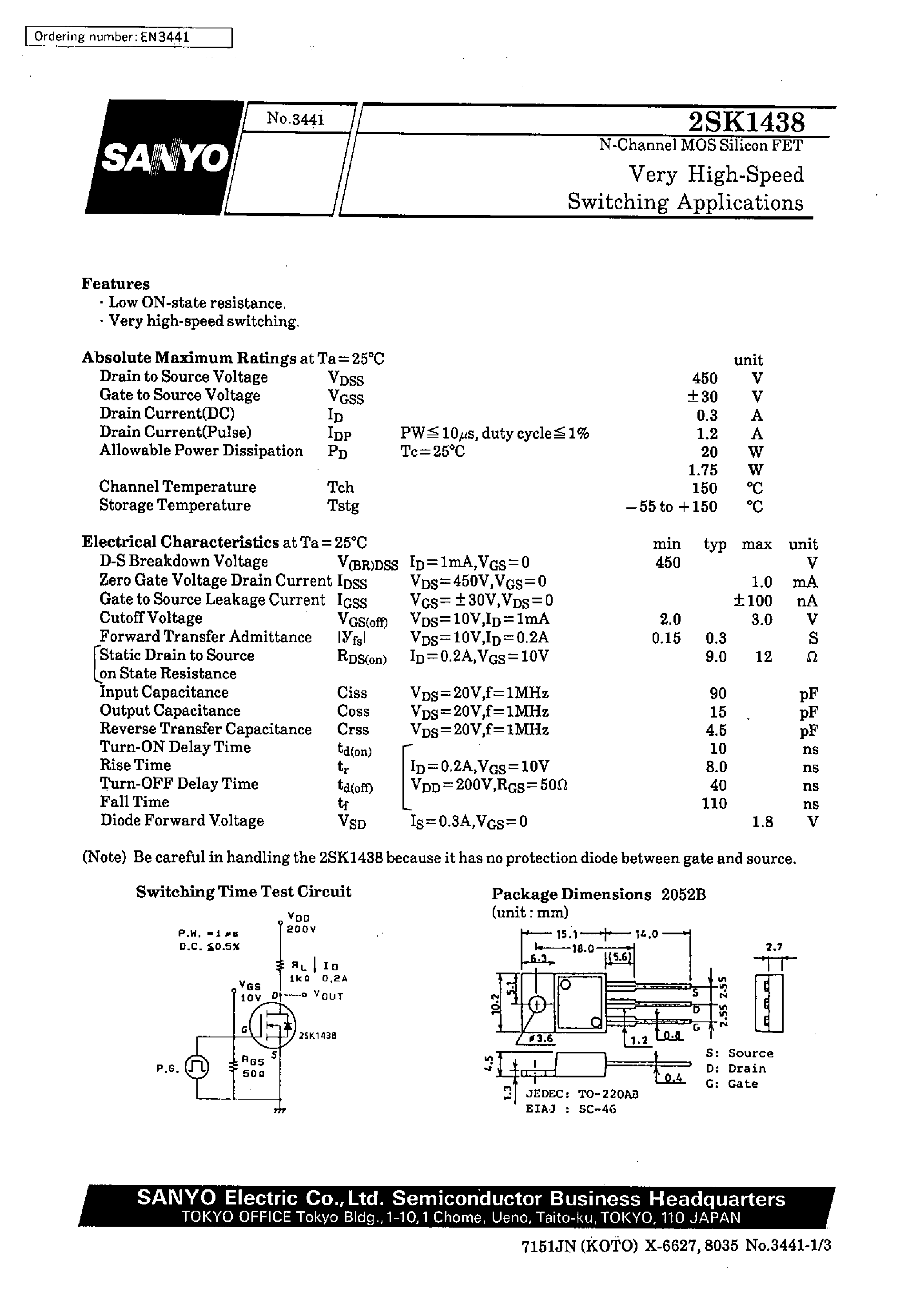 Datasheet 2SK1438 - Very High-Speed Switching Applications page 1