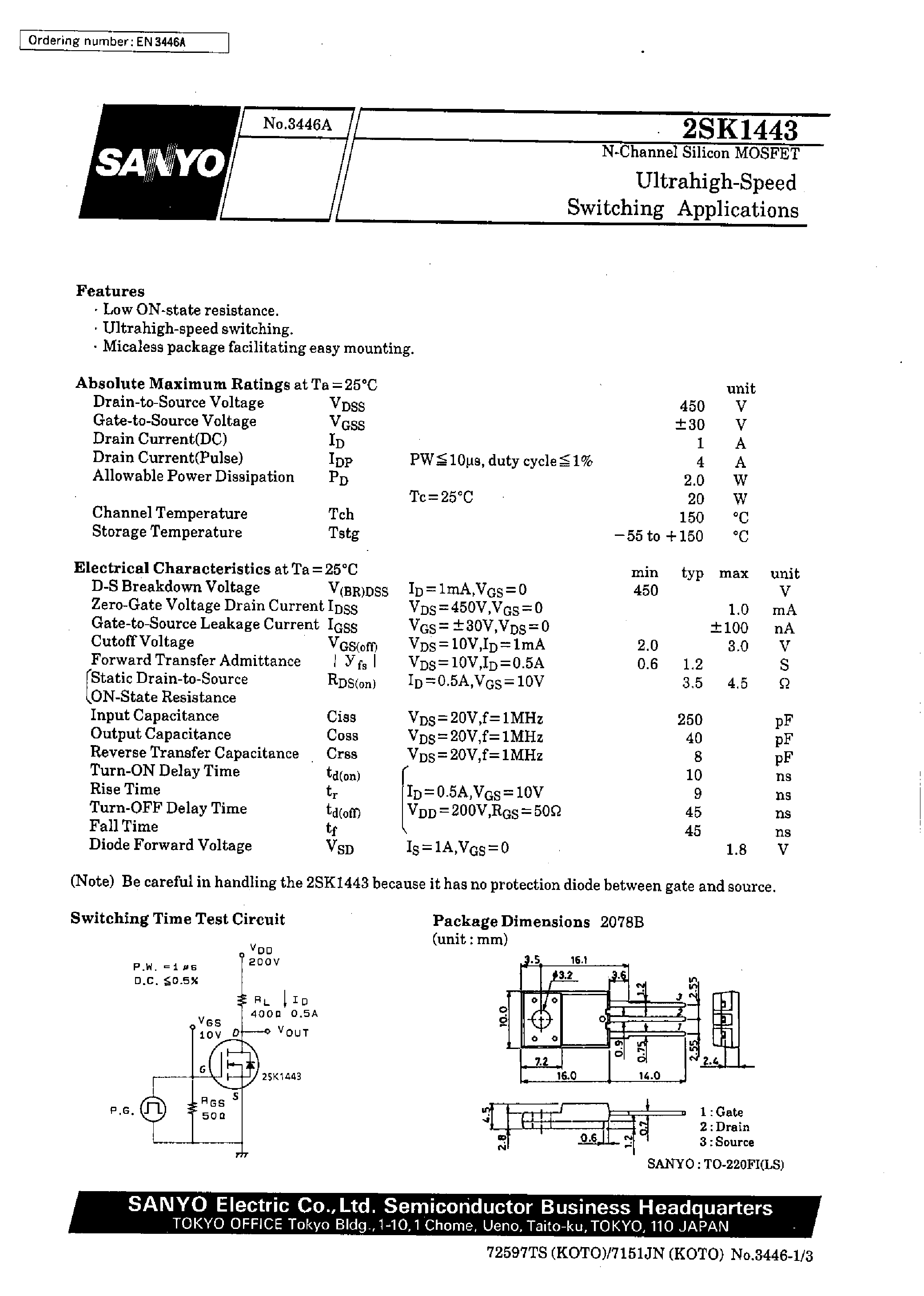 Datasheet 2SK1443 - Ultrahigh-Speed Switching Applications page 1