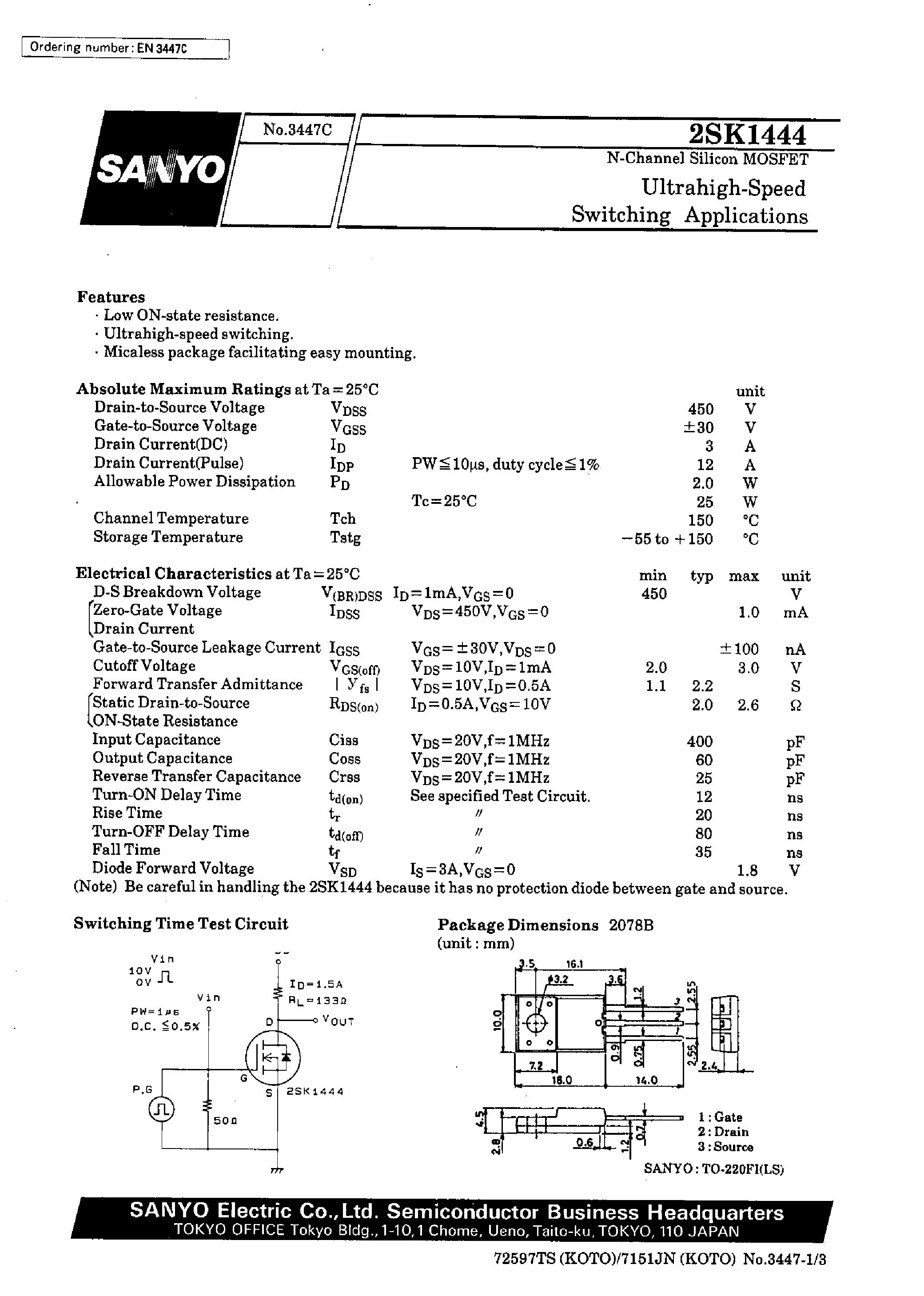 Datasheet 2SK1444 - Ultrahigh-Speed Switching Applications page 1