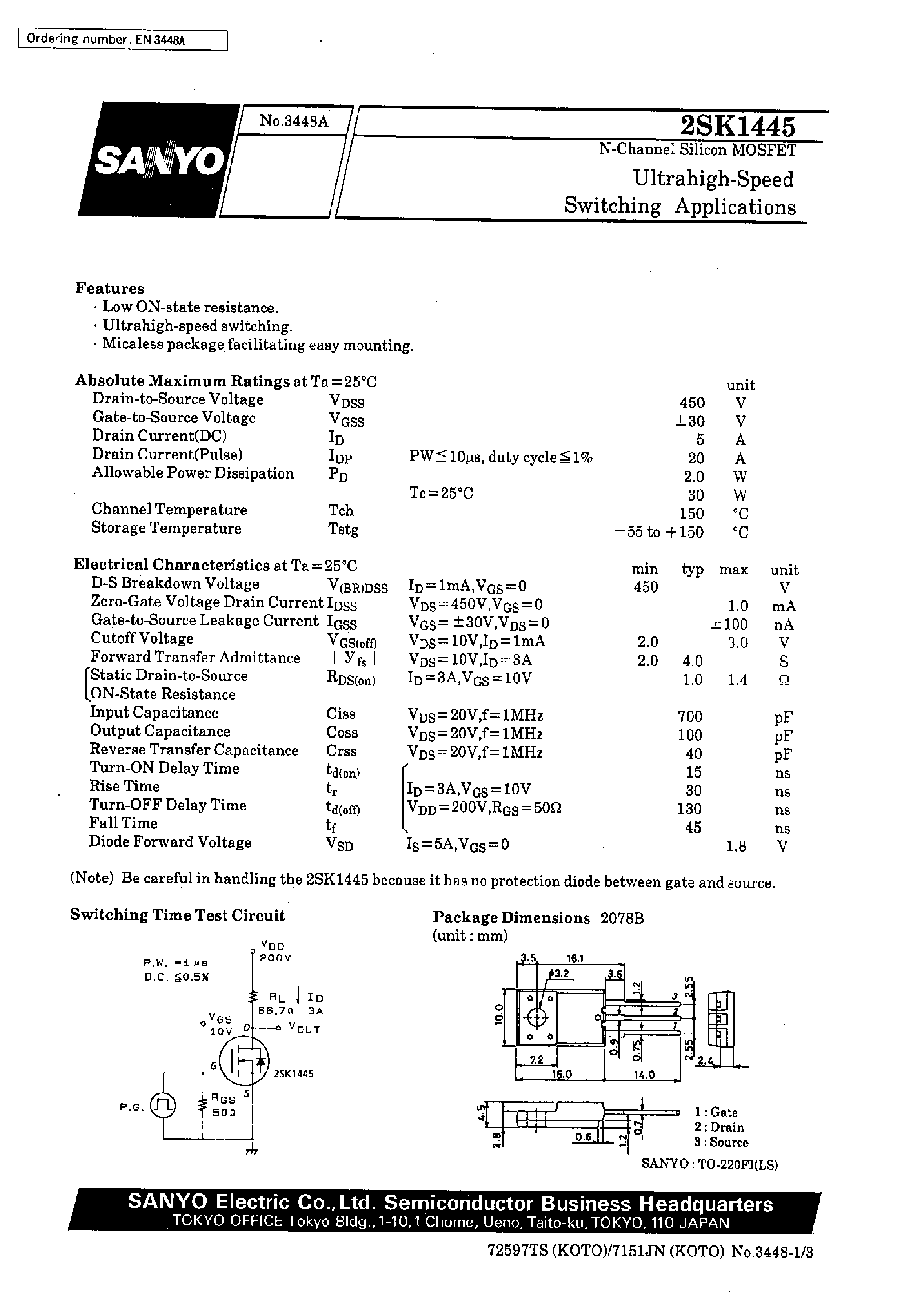 Datasheet 2SK1445 - Ultrahigh-Speed Switching Applications page 1