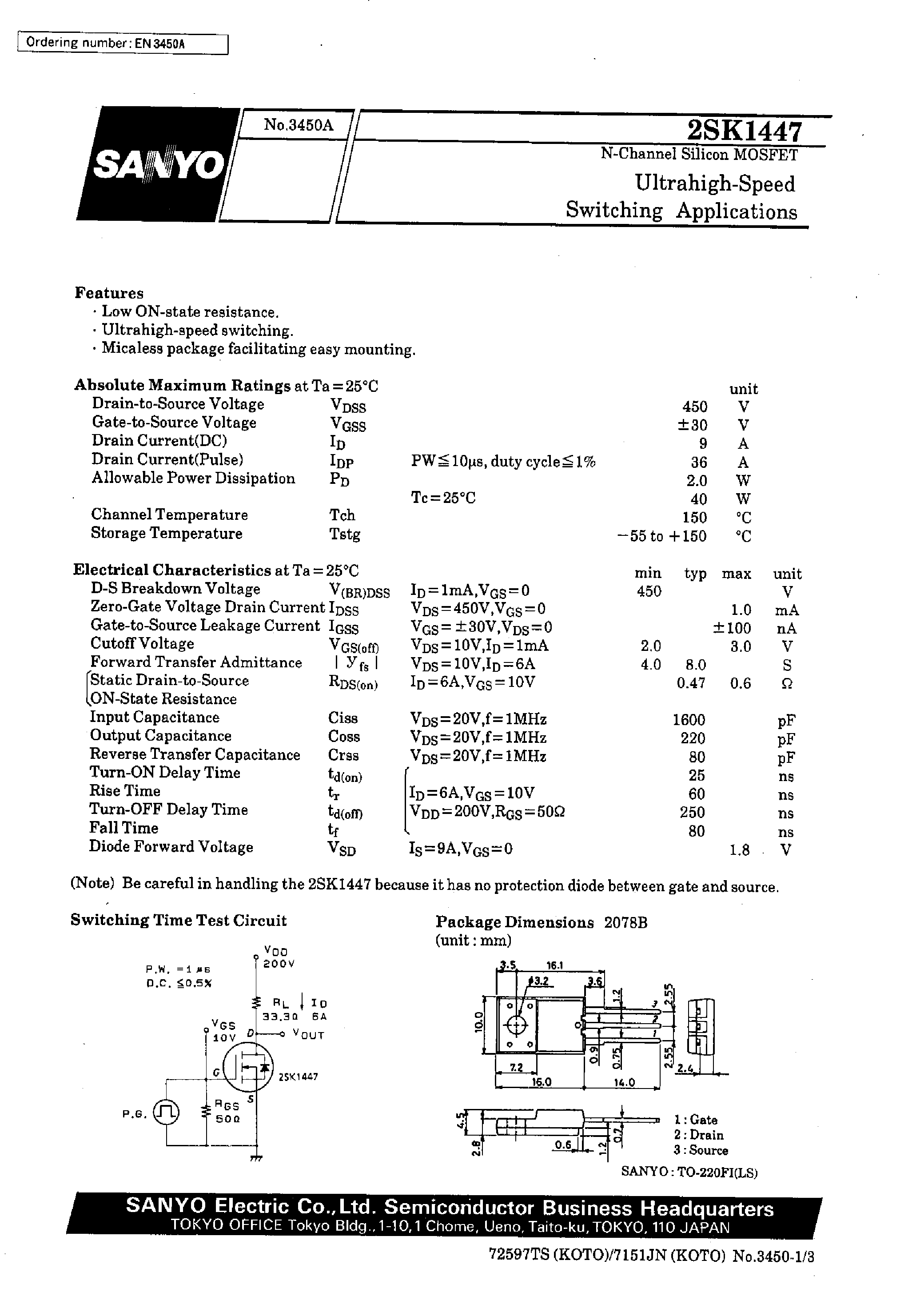 Datasheet 2SK1447 - Ultrahigh-Speed Switching Applications page 1