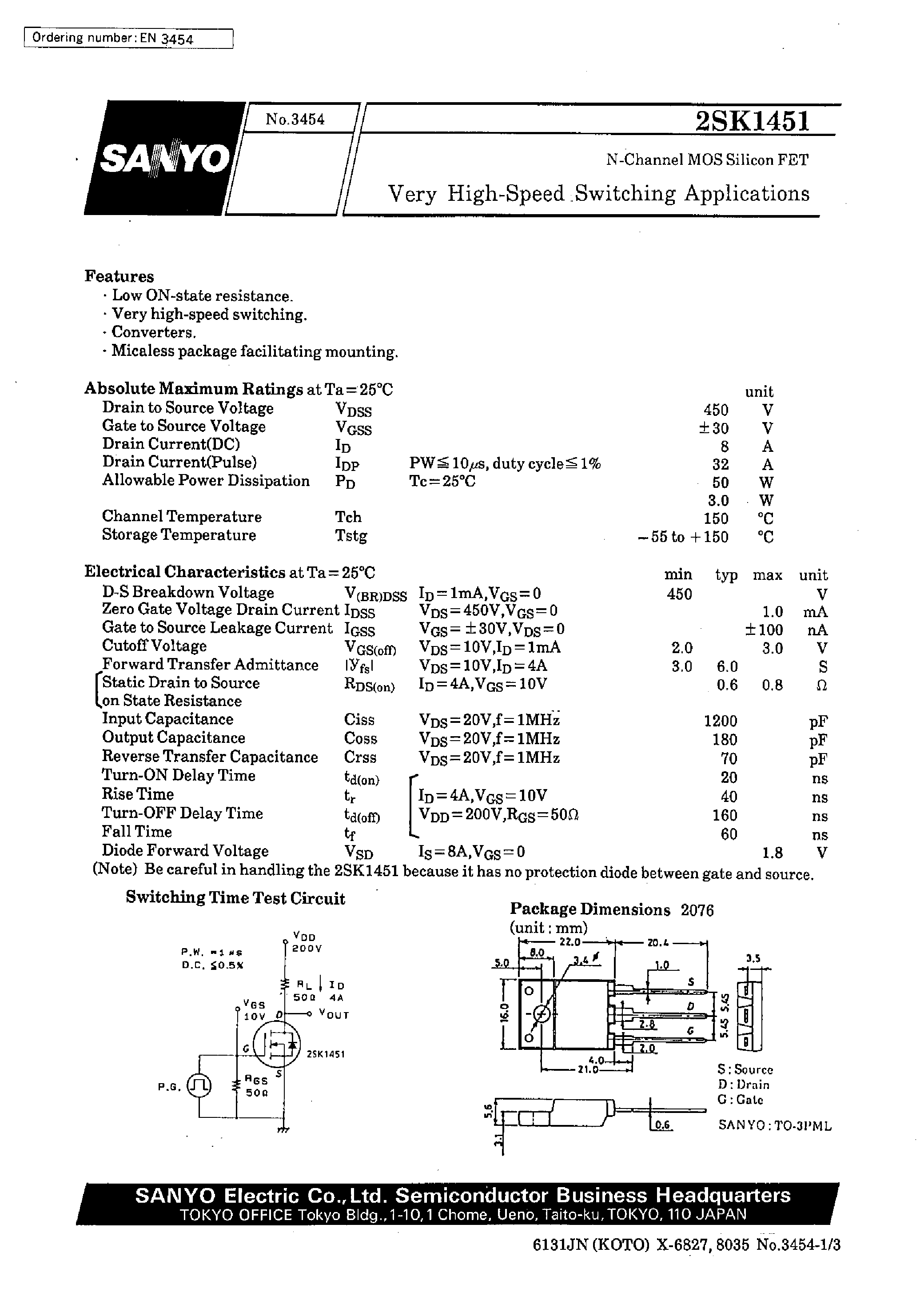 Datasheet 2SK1451 - Very High-Speed Switching Applications page 1