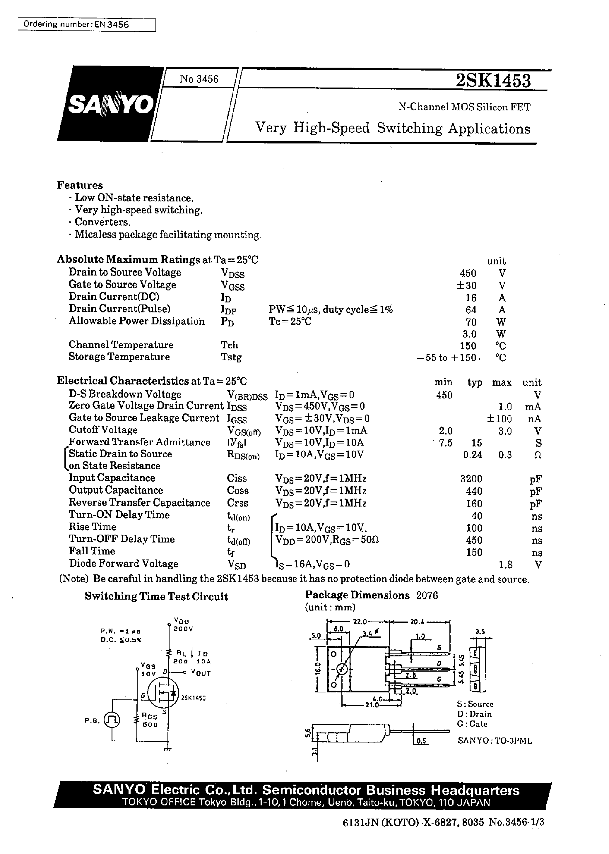 Datasheet 2SK1453 - Very High-Speed Switching Applications page 1