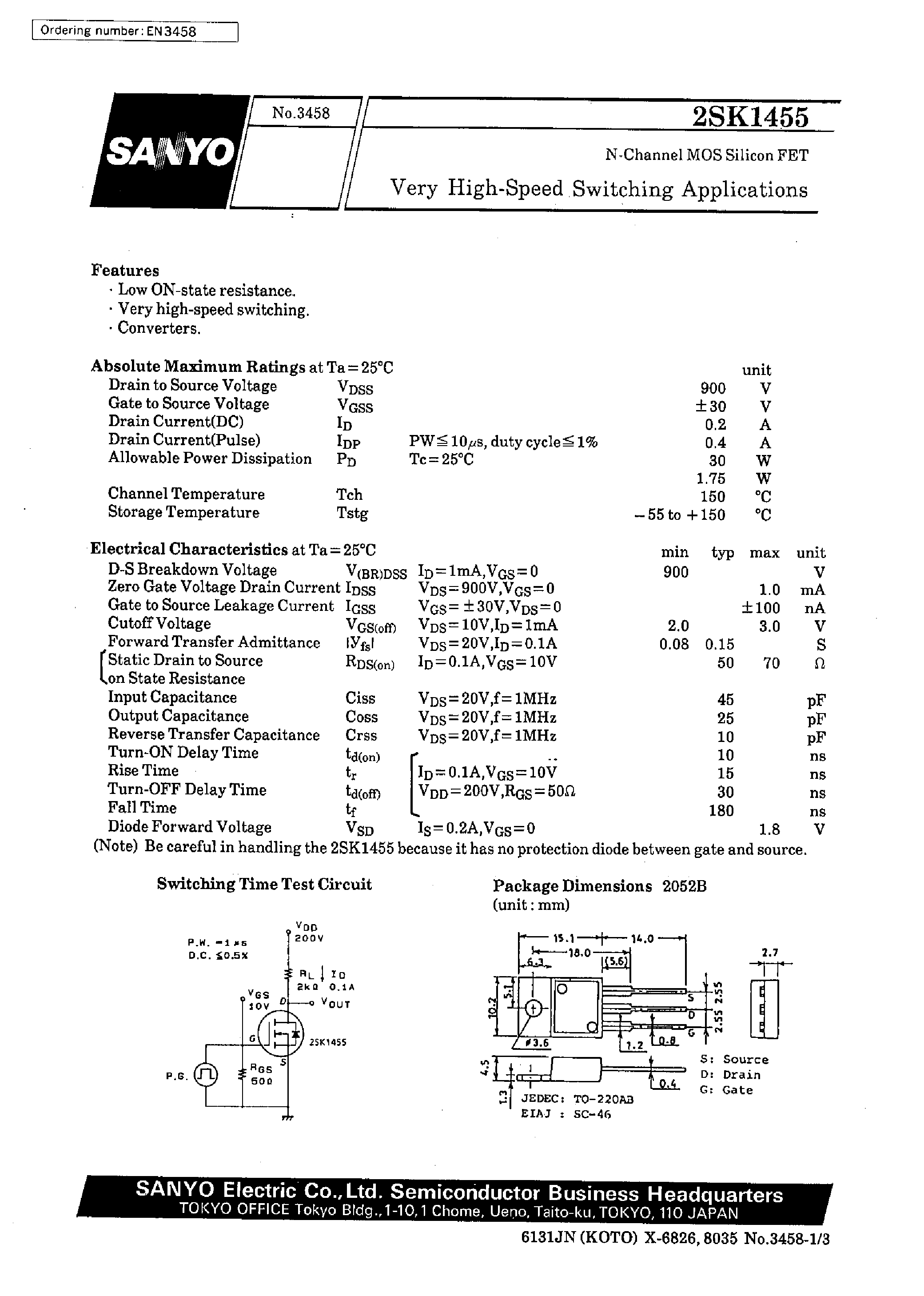 Datasheet 2SK1455 - Very High-Speed Switching Applications page 1