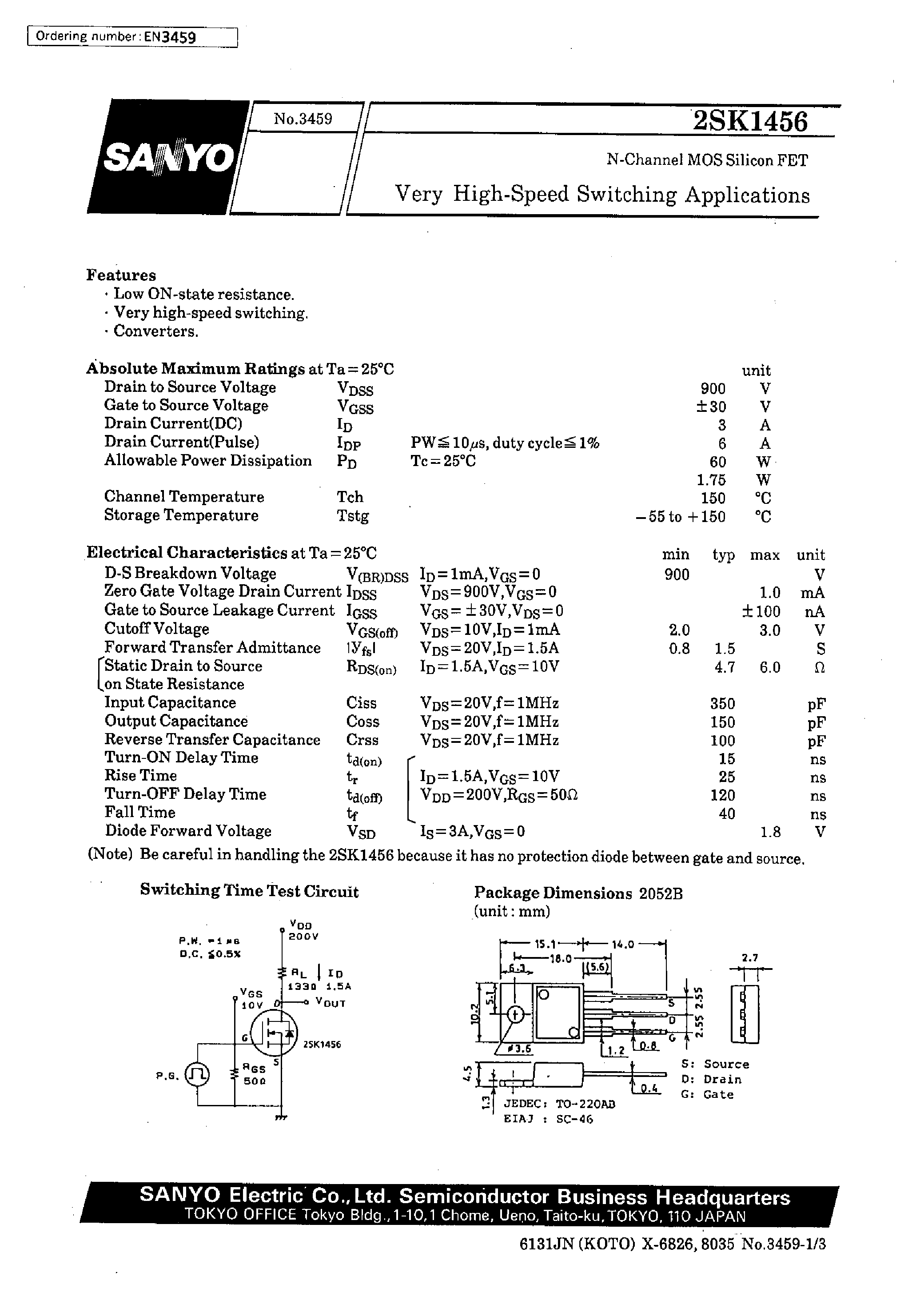 Datasheet 2SK1456 - Very High-Speed Switching Applications page 1