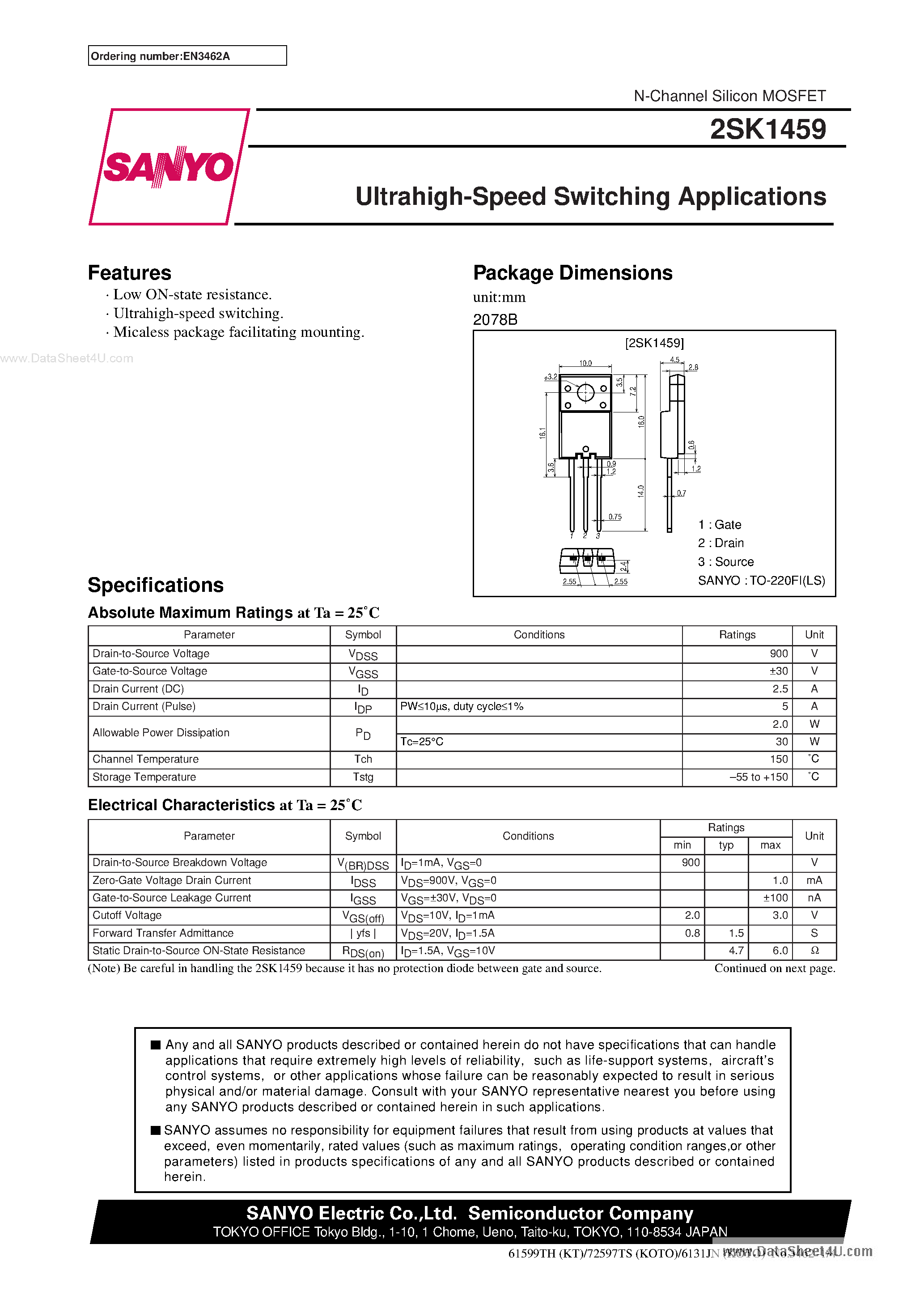 Datasheet 2SK1459 - Ultrahigh-Speed Switching Applications page 1