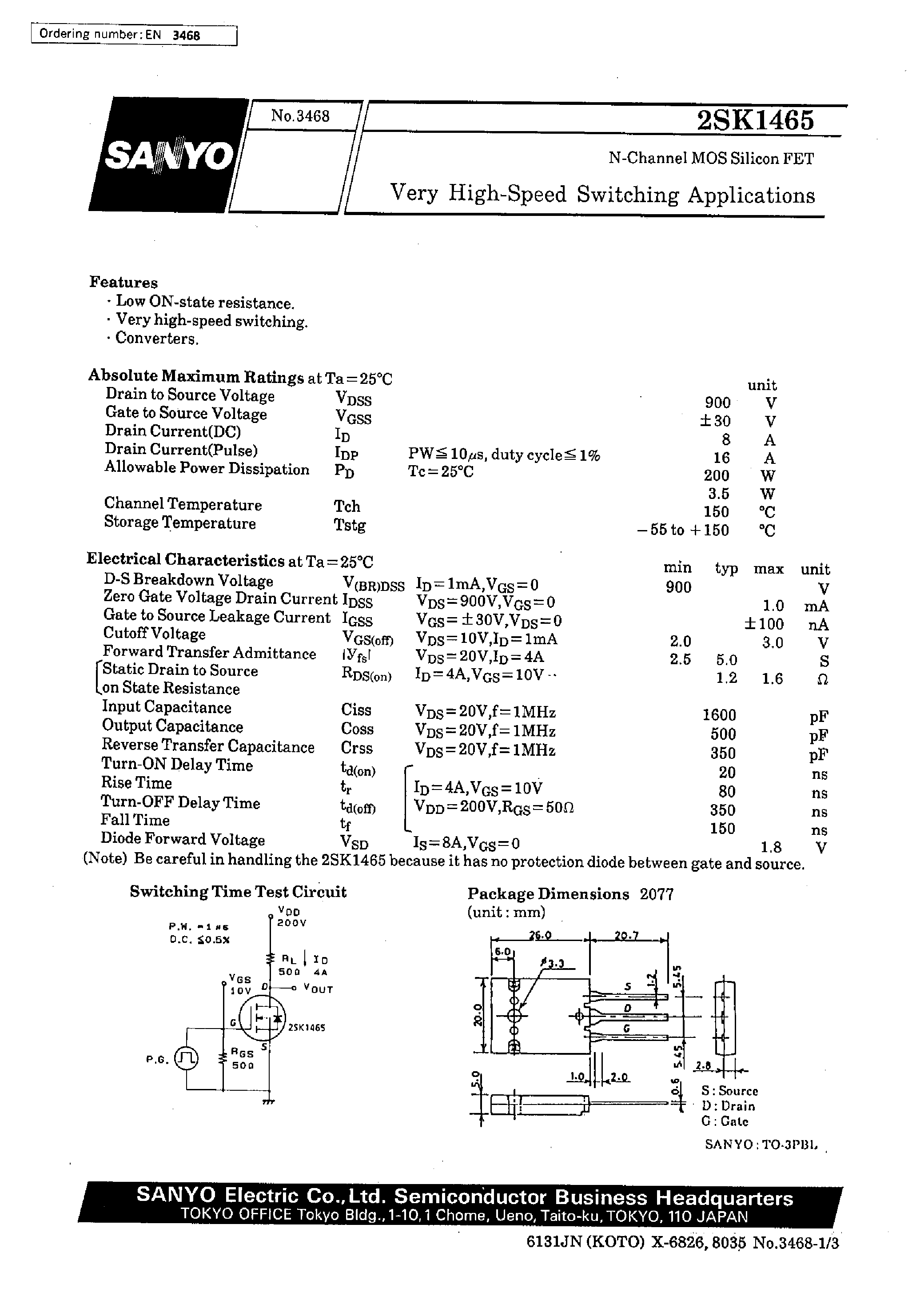 Datasheet 2SK1465 - Very High-Speed Switching Applications page 1