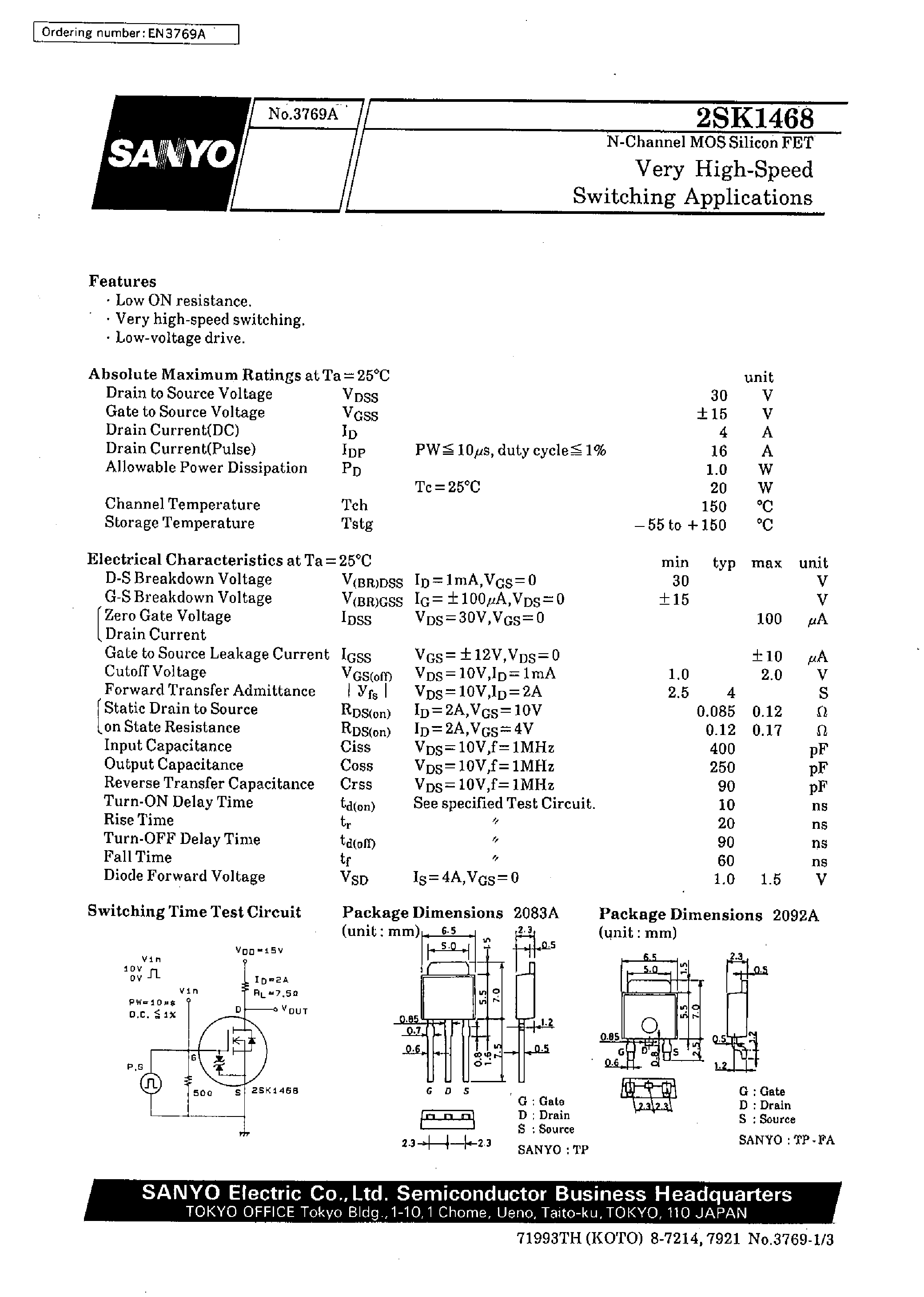 Datasheet 2SK1468 - Very High-Speed Switching Applications page 1