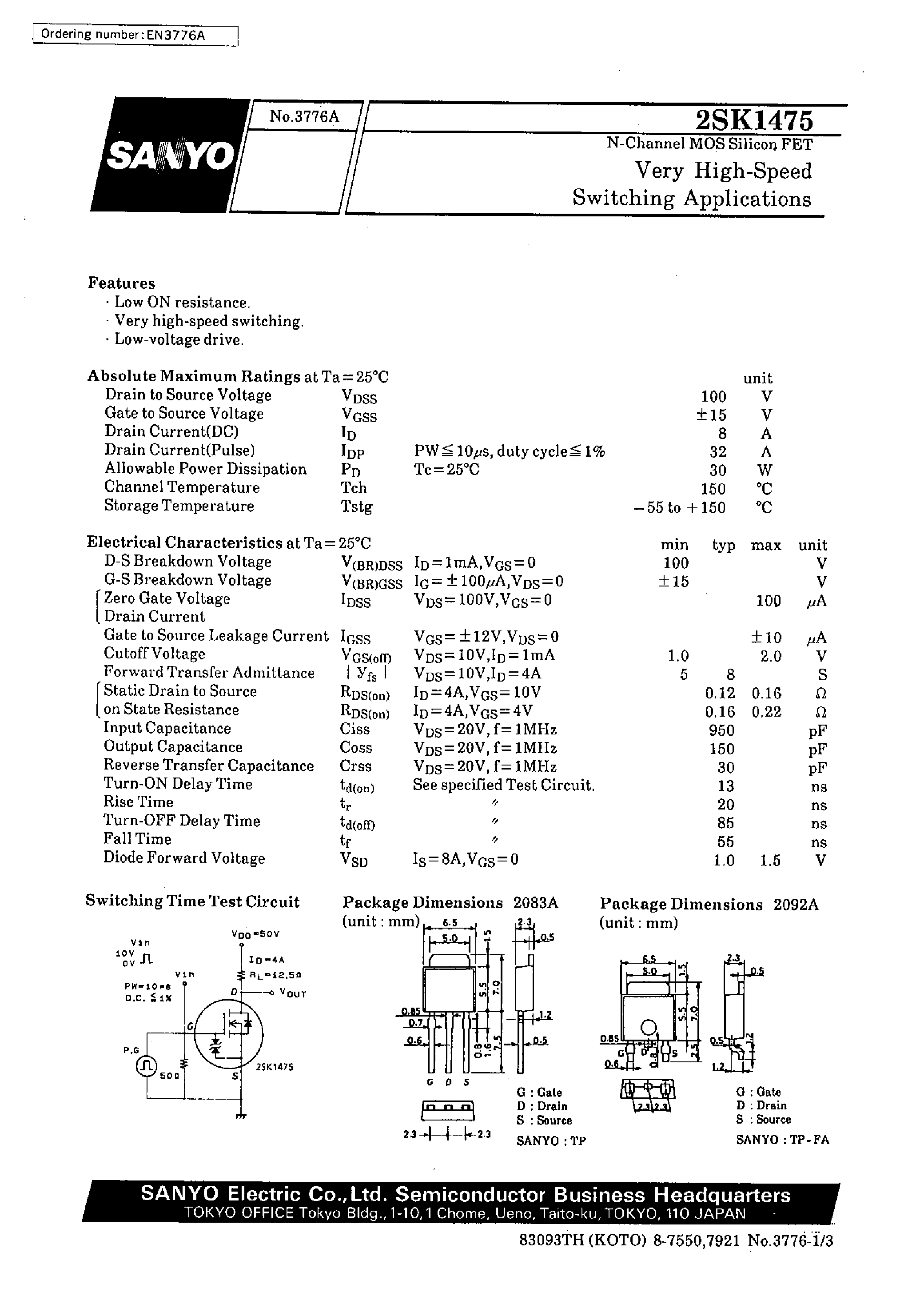 Datasheet 2SK1475 - Very High-Speed Switching Applications page 1