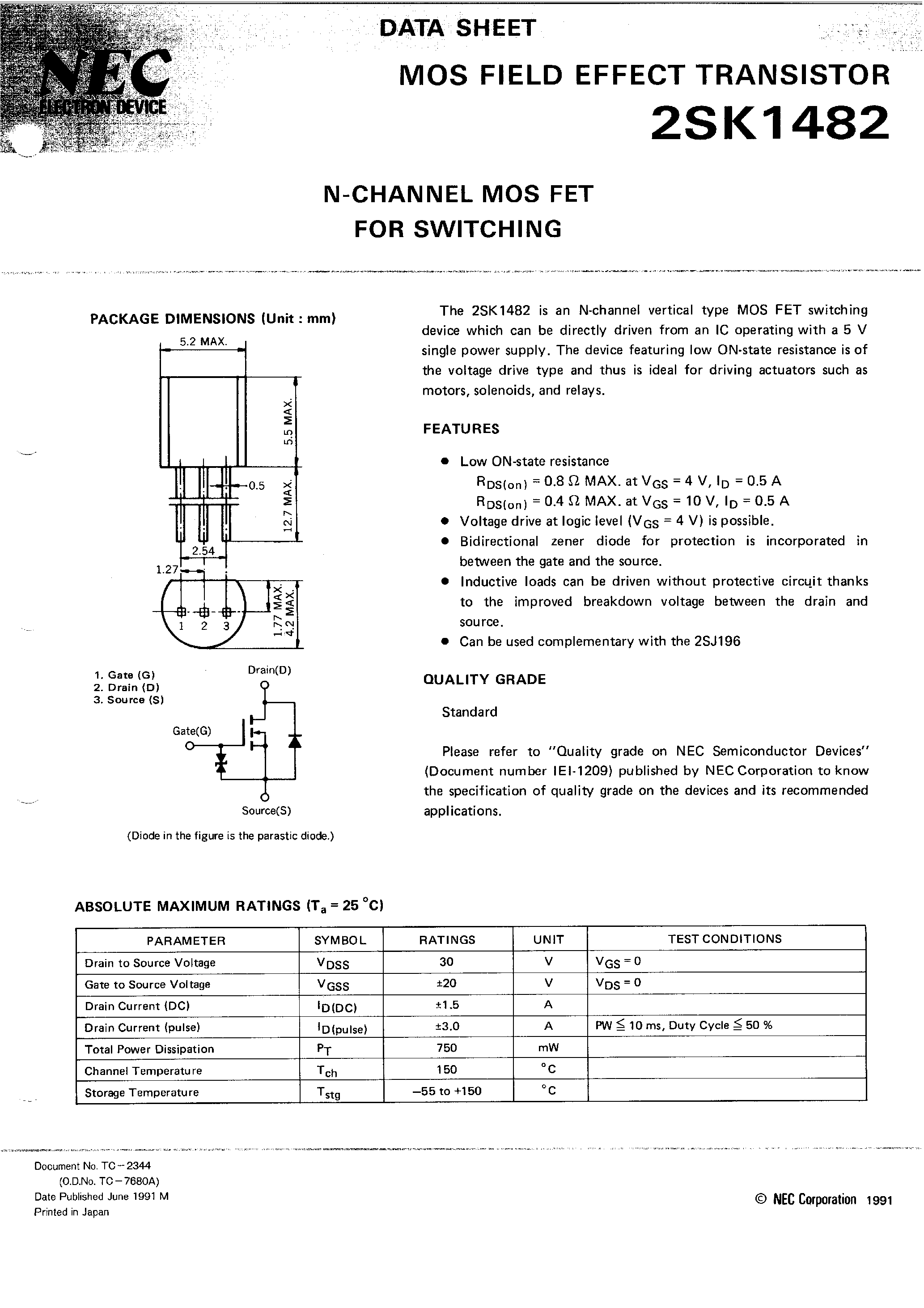 Datasheet 2SK1482 - N-Channel MOS FET FOR Switching page 1