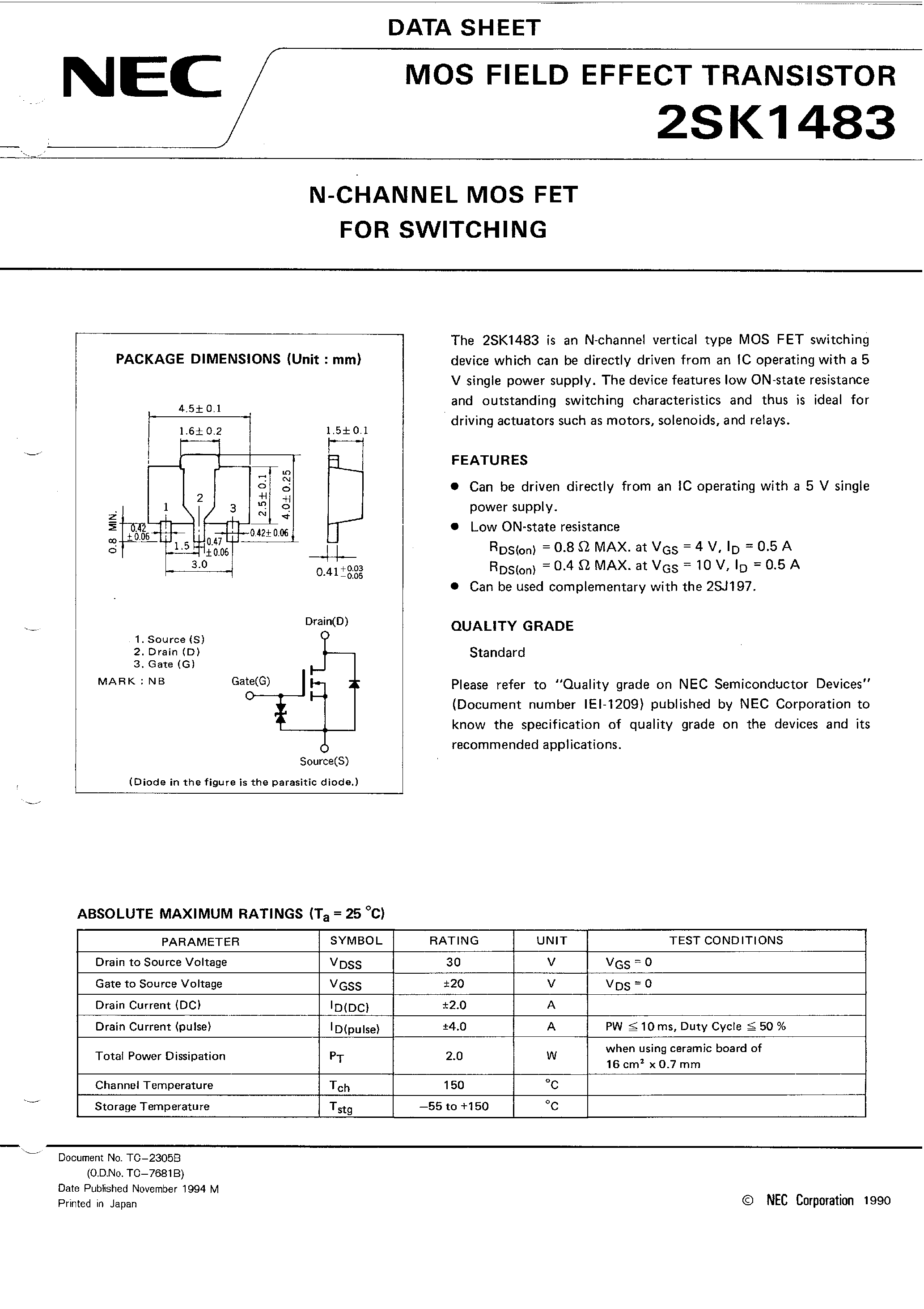 Datasheet 2SK1483 - N-CHANNEL MOS FET FOR SWITCHING page 1